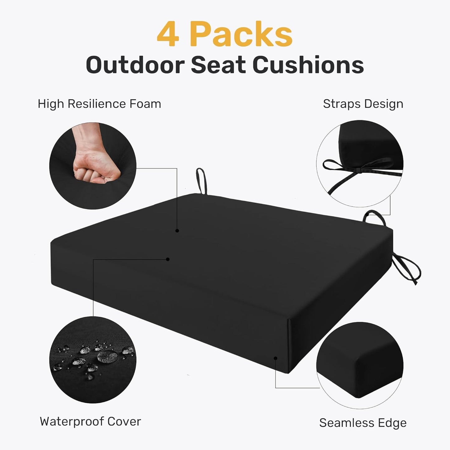 UNIKOME Outdoor Chair Cushions Pack of 4, Water Resistant Patio Cushions with Ties, High Density Sponge Filling Square Corner Seat Cushions for Outdoor Furniture, 18.5"x16"x3", Black