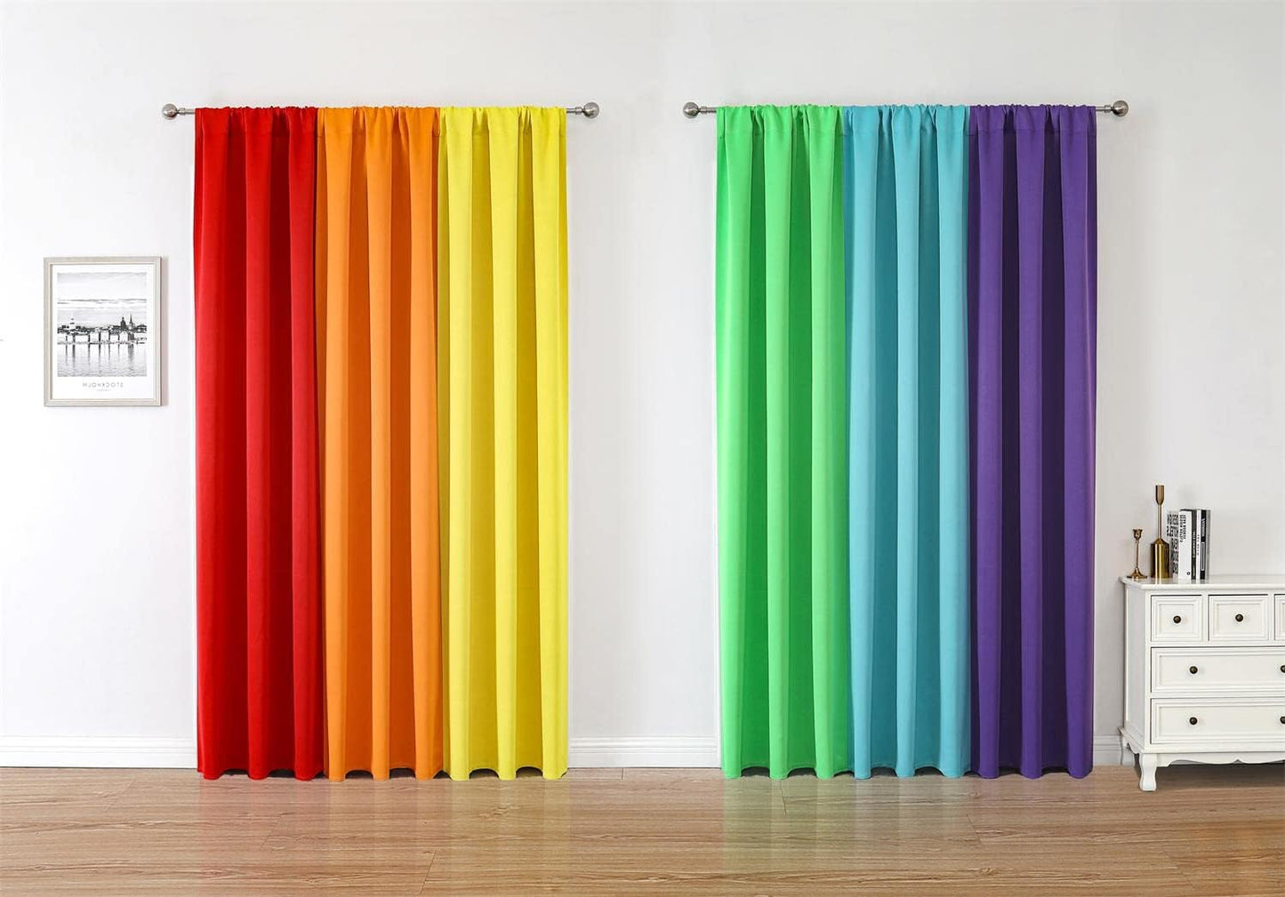 THOOO 6 Panel Rainbow Curtains for Bedroom & Living Room - 95 Inch Long Blackout Curtains with Rod Pocket - Colorful Drapes in Red, Orange, Yellow, Green, Blue, Purple