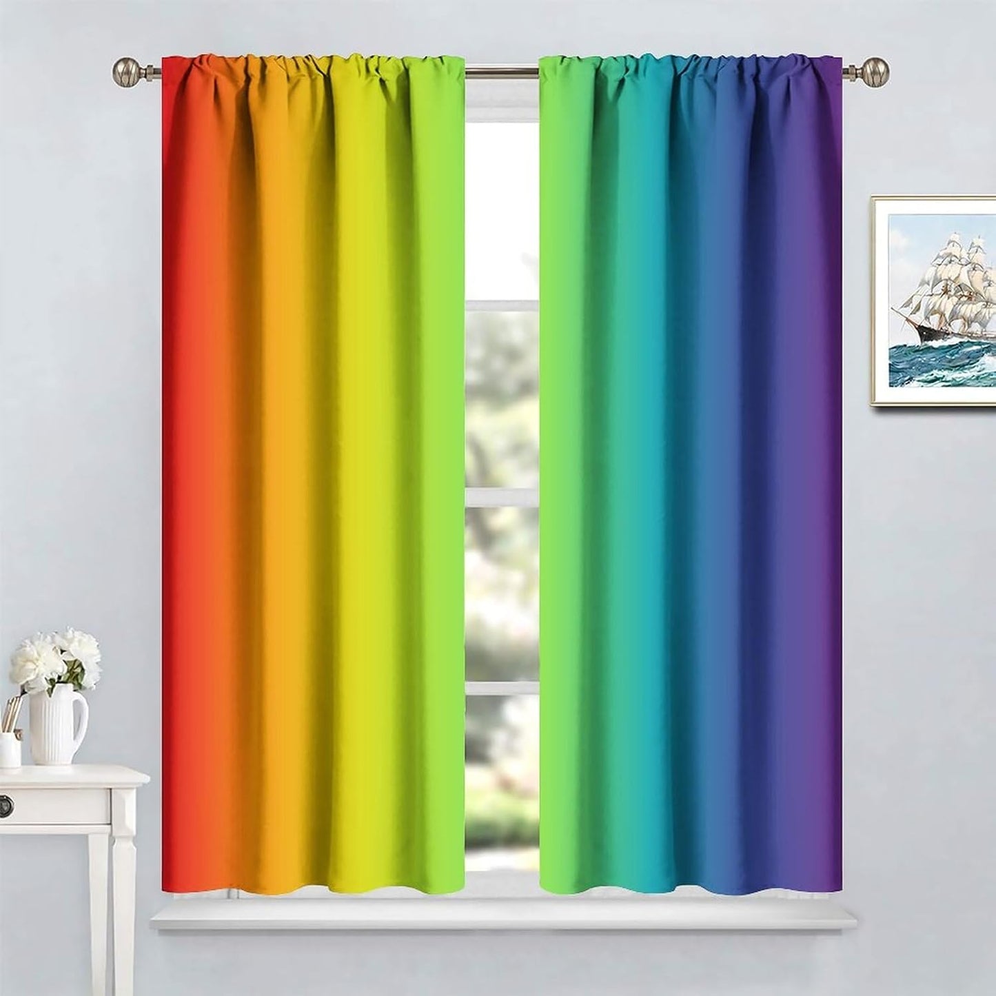 Rainbow Window Curtains, Abstract Colorful Rainbow Matching Art Theme Window Treatments Gradations of Colors Pleasant Atmosphere Blackout Rod Pocket Window Drapes for Bedroom Living Room 63x72in