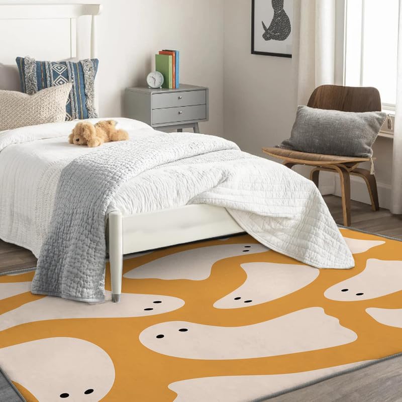 Ghost Rugs for Bedroom Living Room, Halloween Cute 5x7 Rug, Washable Non-Slip Soft Low Pile Area Rug, Dorm Dining Room Nursery Carpet, Indoor Floor Rug for Kids Girls Boys Home Decor