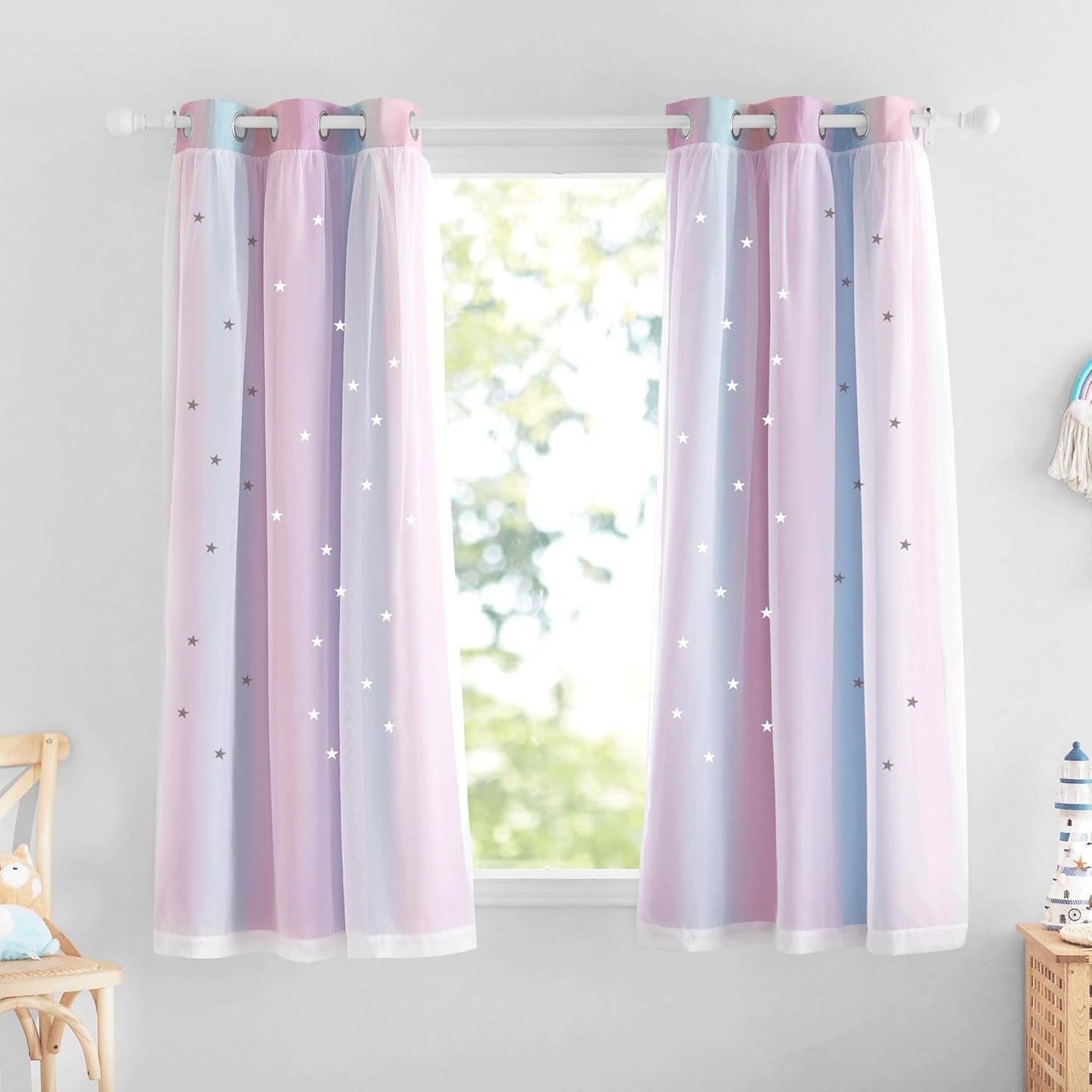 NICETOWN Rainbow Window Curtain Girls Kids Playroom Pastel Colorful Nursery Ombre 84 inches Long Blackout Curtains for Bedroom Living Room, 2 Panels, Grommet Top, 52" W x 84’L， Teal & Purple