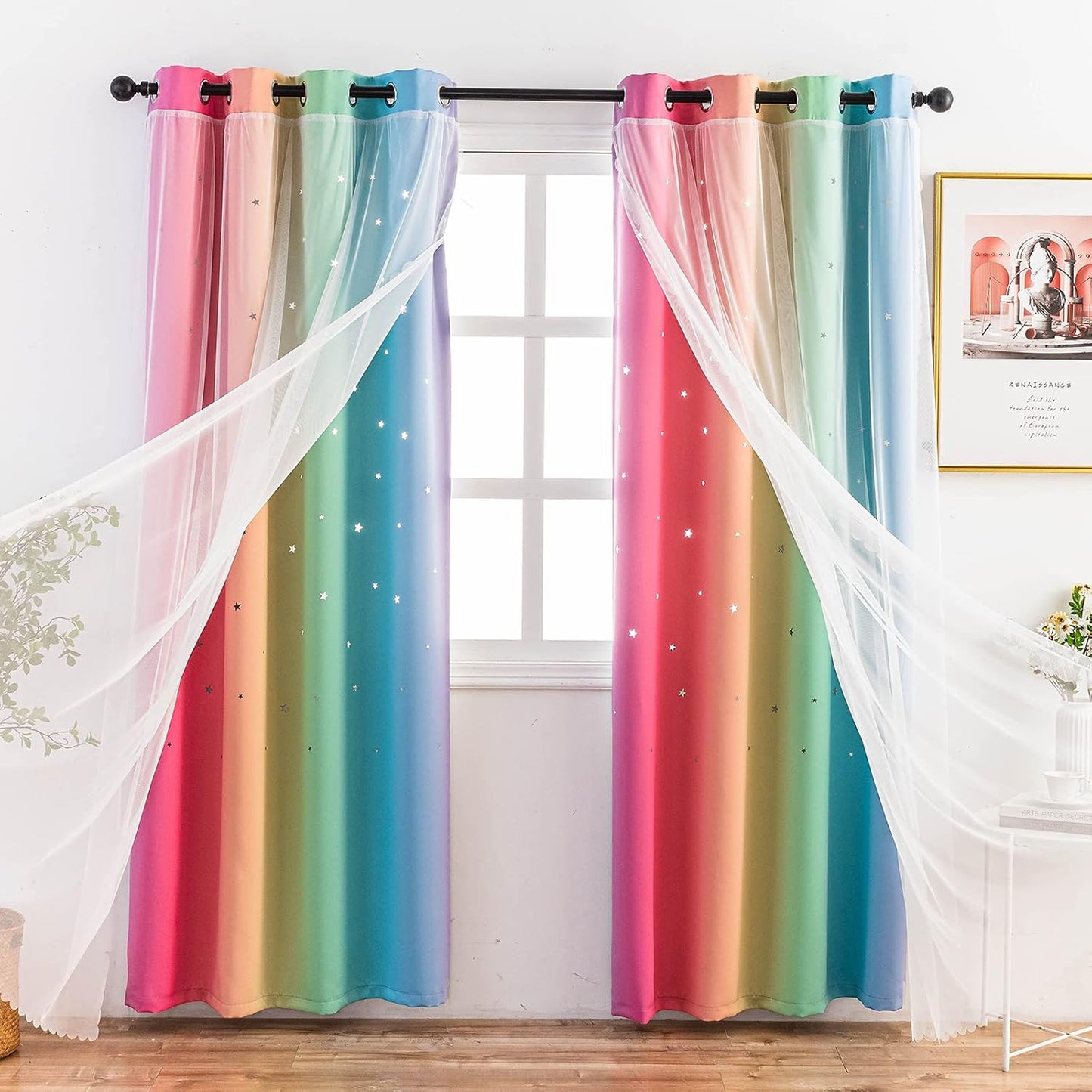 Stiio 2 Panels Girls Stars Rainbow Curtains W52xL84 inches for Bedroom, Kids Blackout Curtains Colorful Ombre Nursery Curtains with Sheer Princess Cutout Curtains for Bedroom Living Room, Yellow Pink