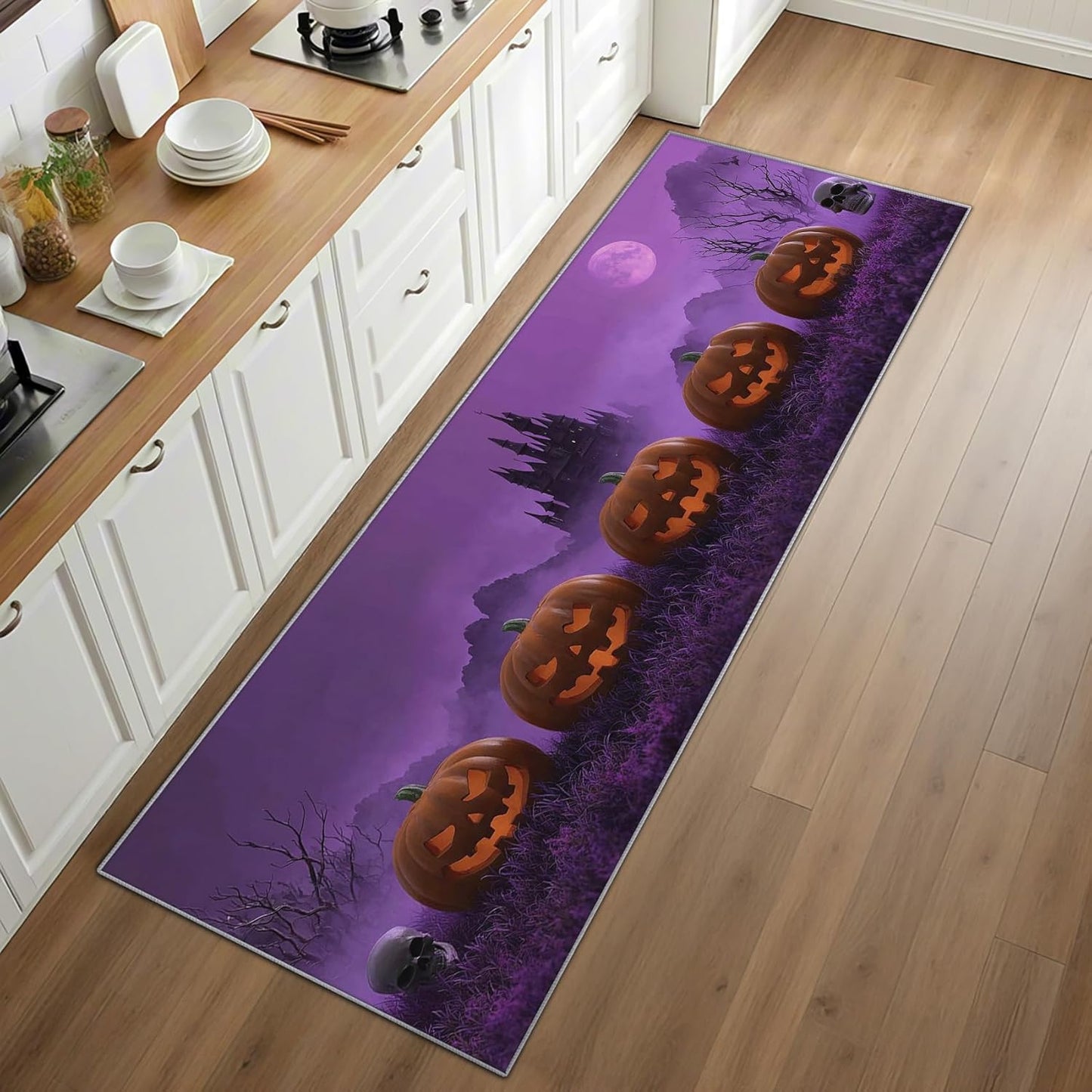 Halloween Rug Runner 4x10 - Washable Non Slip Runner Rug for Hallway - Spooky Pumpkin Castle Kitchen Rugs - Gothic Horror Skull Carpet Runners for Hallway, Laundry Room, Bedroom, Bathroom