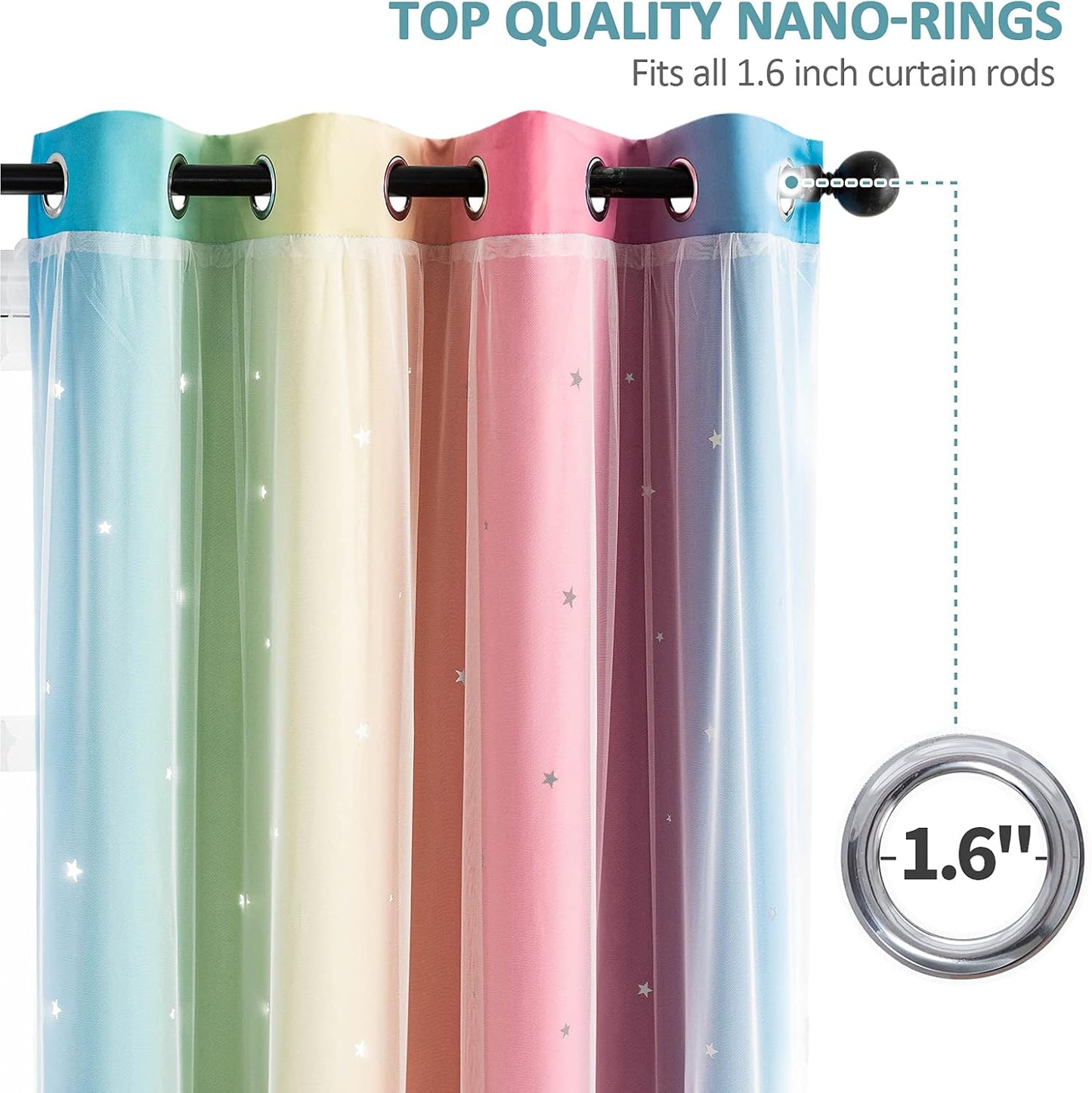 Stiio 2 Panels Girls Stars Rainbow Curtains W52xL84 inches for Bedroom, Kids Blackout Curtains Colorful Ombre Nursery Curtains with Sheer Princess Cutout Curtains for Bedroom Living Room, Yellow Pink
