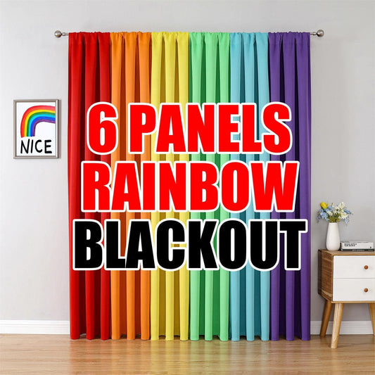 THOOO 6 Panel Rainbow Curtains for Bedroom & Living Room - 95 Inch Long Blackout Curtains with Rod Pocket - Colorful Drapes in Red, Orange, Yellow, Green, Blue, Purple