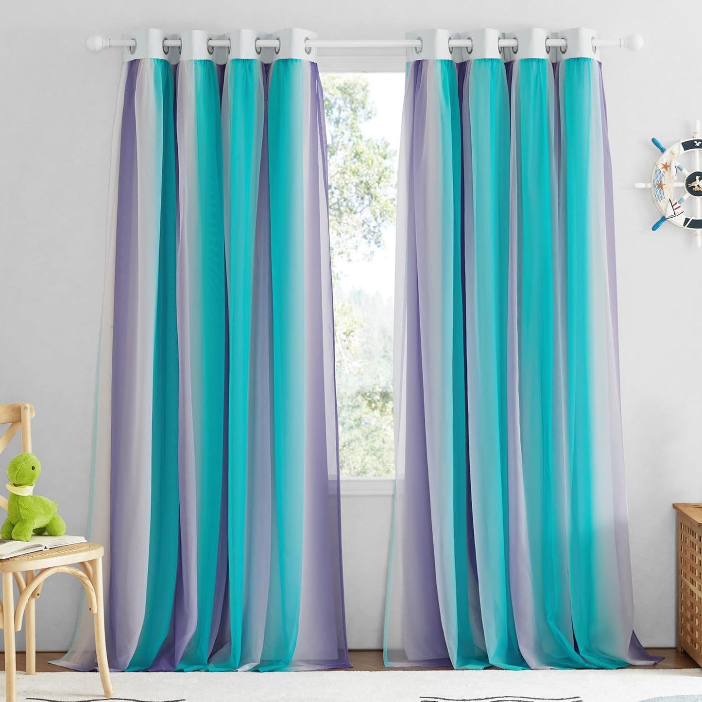 NICETOWN Rainbow Window Curtain Girls Kids Playroom Pastel Colorful Nursery Ombre 84 inches Long Blackout Curtains for Bedroom Living Room, 2 Panels, Grommet Top, 52" W x 84’L， Teal & Purple