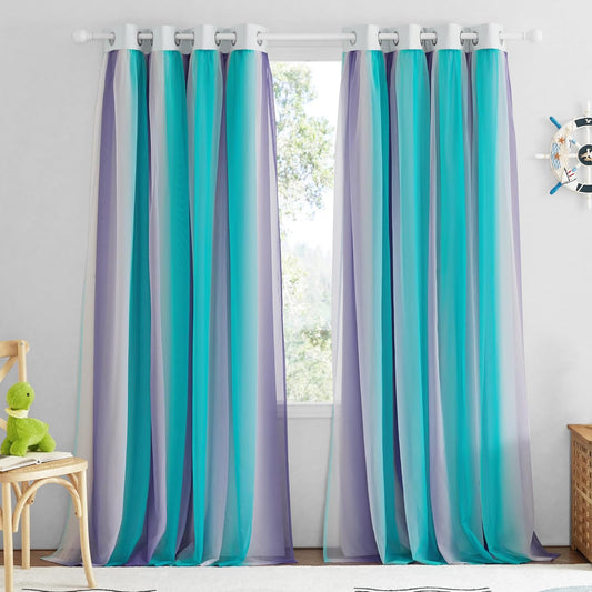 NICETOWN Rainbow Window Curtain Girls Kids Playroom Pastel Colorful Nursery Ombre 84 inches Long Blackout Curtains for Bedroom Living Room, 2 Panels, Grommet Top, 52" W x 84’L， Teal & Purple
