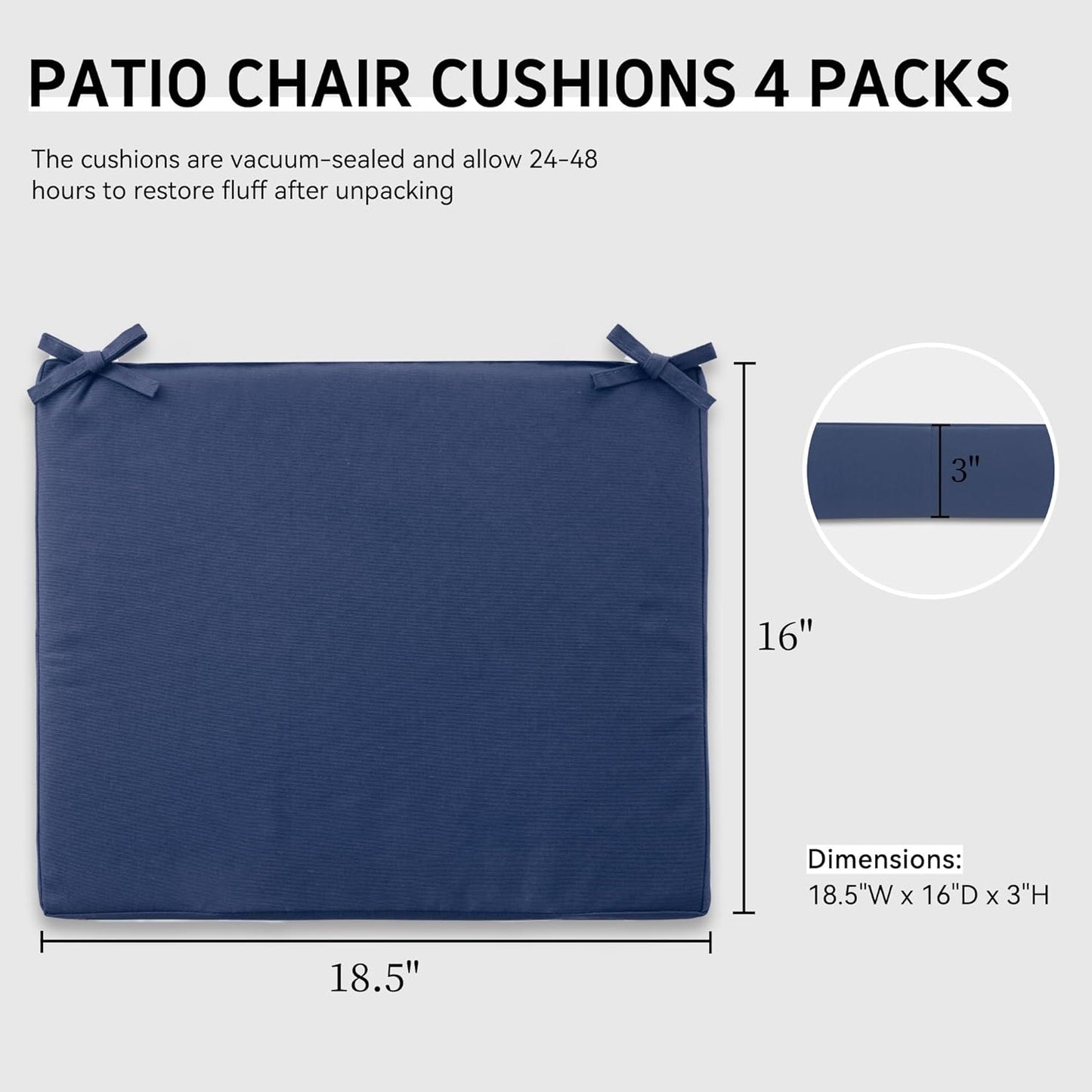 Outdoor Chair Cushions Set of 4,Patio Cushions for Outdoor Furniture,Waterproof Patio Chair Cushions with Ties,Memory Foam Outdoor Seat Cushion,18.5"x16"x3" (Navy)