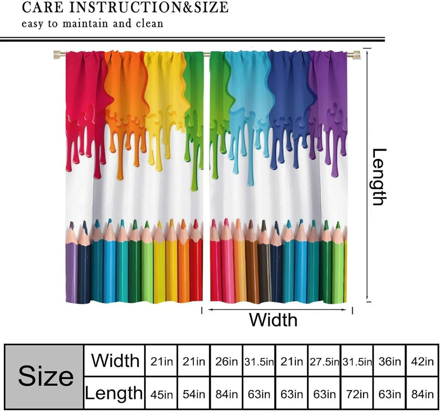Rainbow Blackout Curtains, Abstract Colored Paint Leaking Splattered Drops Window Treatment Colorful Pancils Pattern Drapes for Bedroom Living Room, 52" W X 84" L