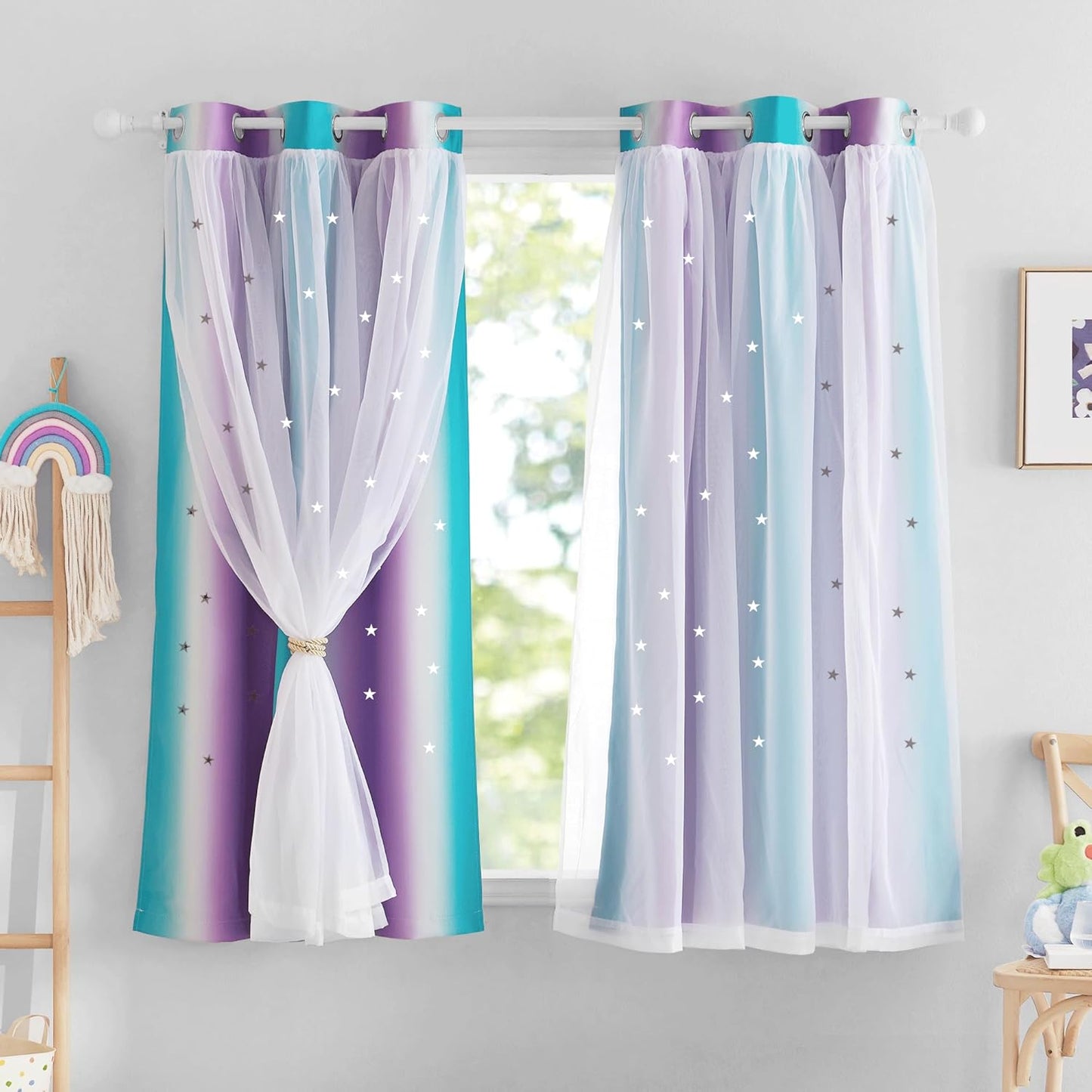NICETOWN Rainbow Window Curtain Girls Kids Playroom Pastel Colorful Nursery Ombre 84 inches Long Blackout Curtains for Bedroom Living Room, 2 Panels, Grommet Top, 52" W x 84’L， Teal & Purple