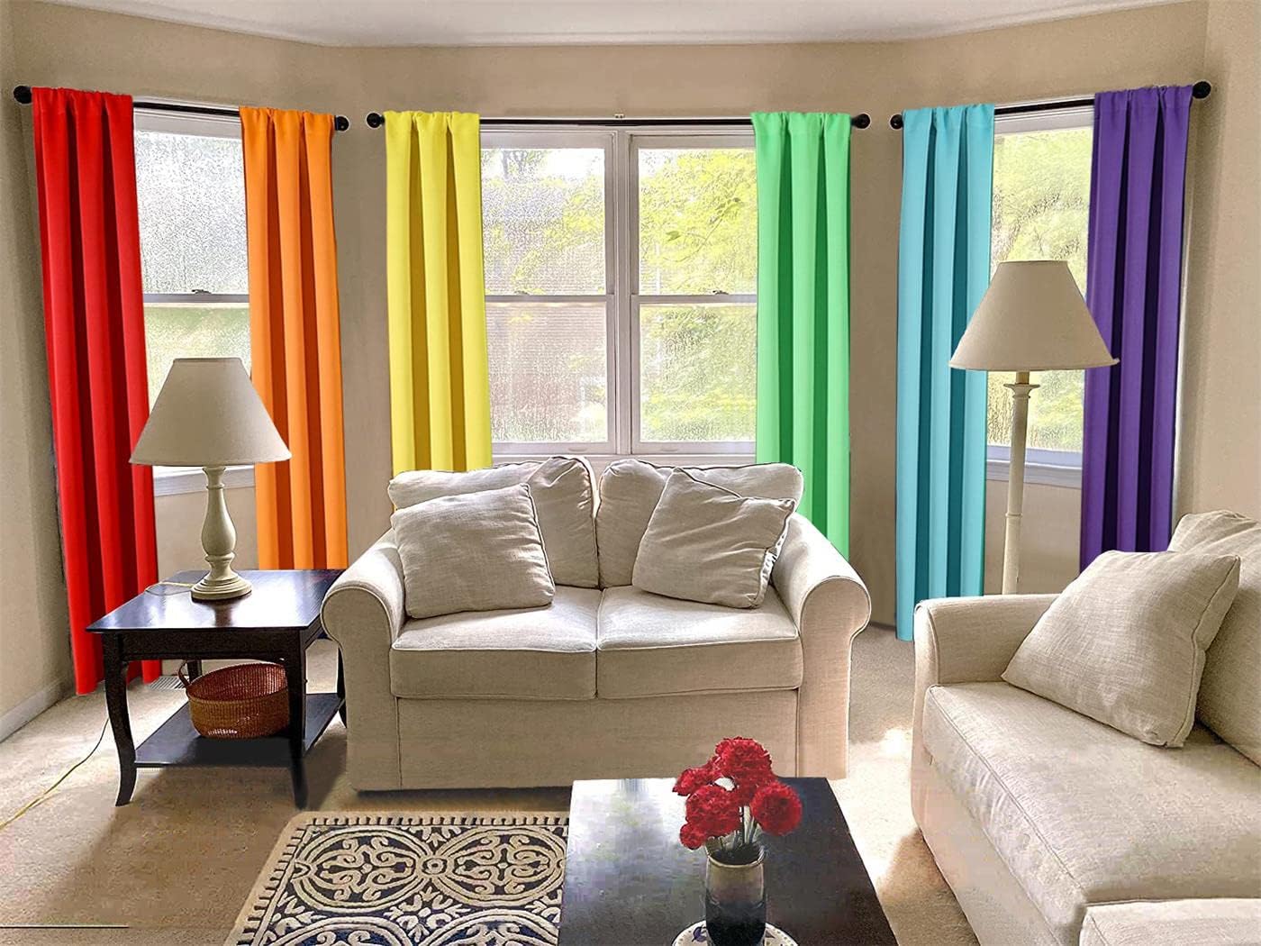 THOOO 6 Panel Rainbow Curtains for Bedroom & Living Room - 95 Inch Long Blackout Curtains with Rod Pocket - Colorful Drapes in Red, Orange, Yellow, Green, Blue, Purple