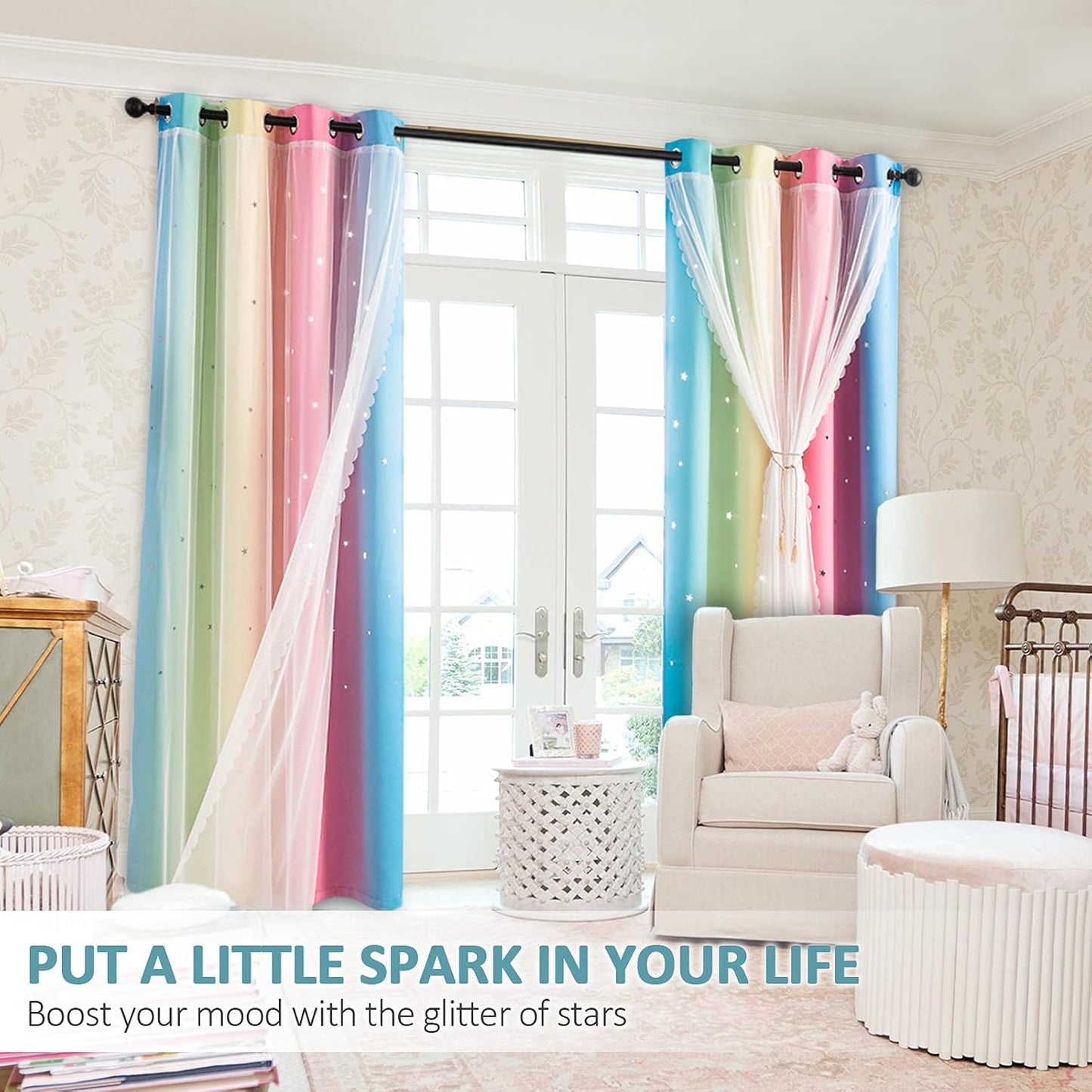 Stiio 2 Panels Girls Stars Rainbow Curtains W52xL84 inches for Bedroom, Kids Blackout Curtains Colorful Ombre Nursery Curtains with Sheer Princess Cutout Curtains for Bedroom Living Room, Yellow Pink