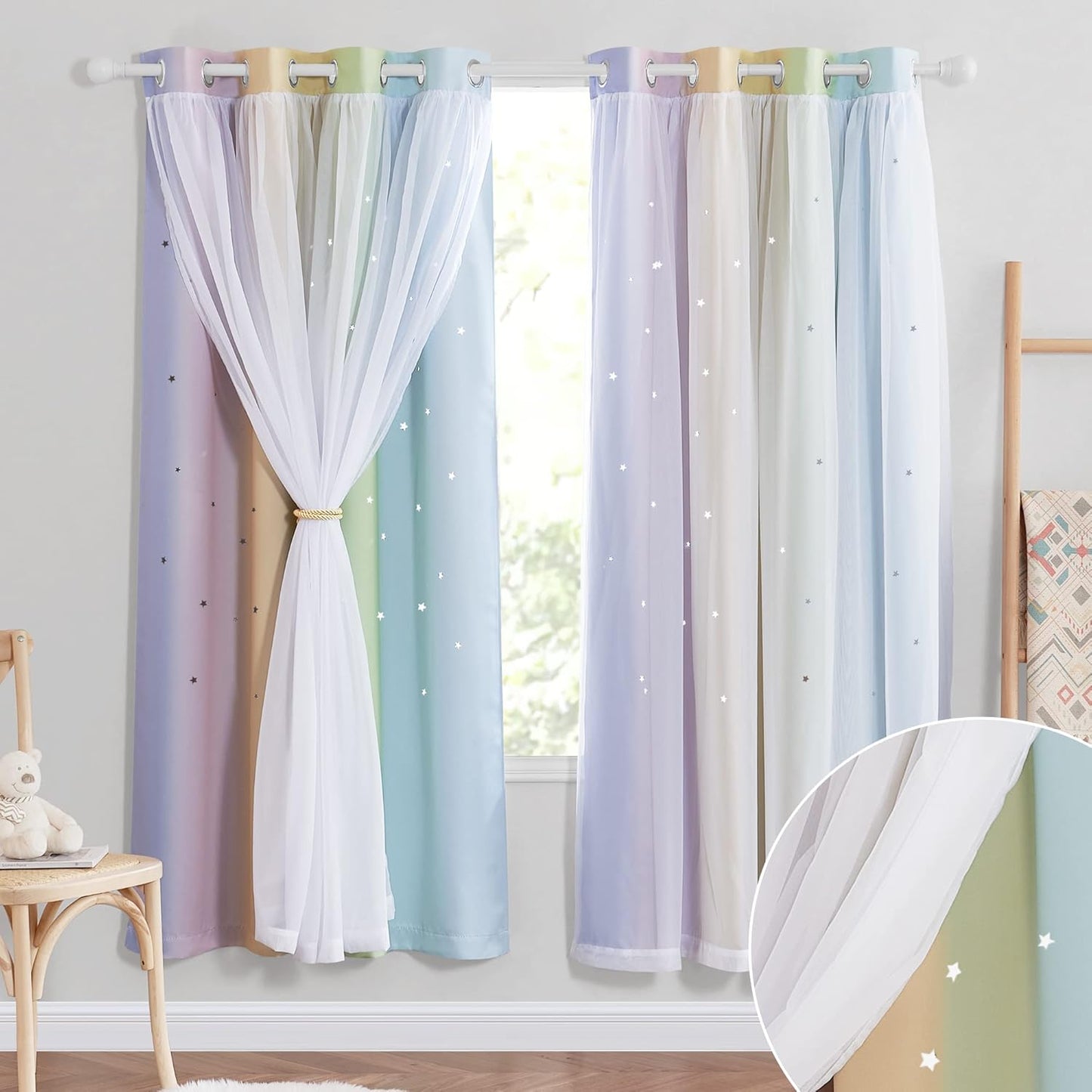 NICETOWN Rainbow Window Curtain Girls Kids Playroom Pastel Colorful Nursery Ombre 84 inches Long Blackout Curtains for Bedroom Living Room, 2 Panels, Grommet Top, 52" W x 84’L， Teal & Purple