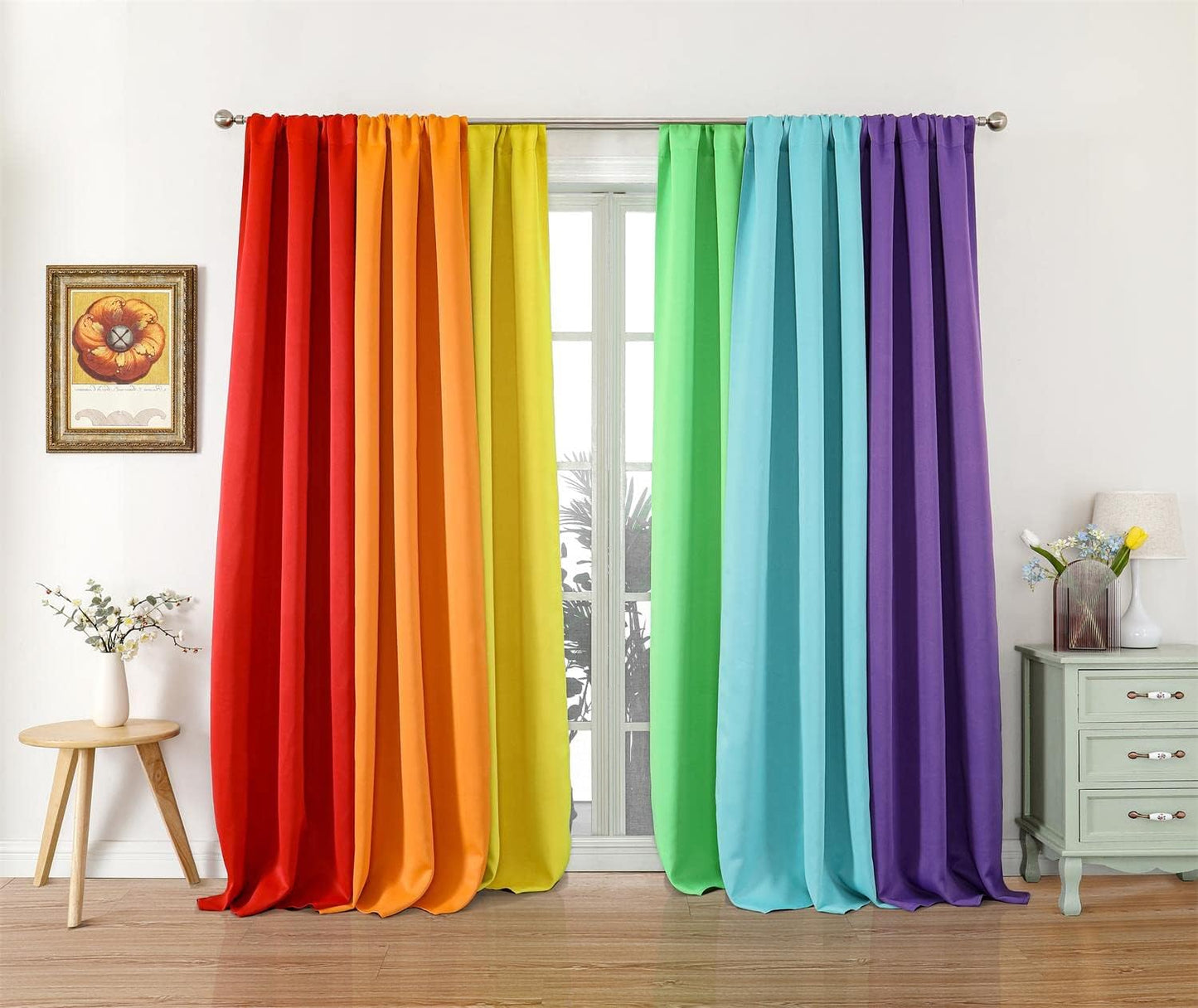 THOOO 6 Panel Rainbow Curtains for Bedroom & Living Room - 95 Inch Long Blackout Curtains with Rod Pocket - Colorful Drapes in Red, Orange, Yellow, Green, Blue, Purple