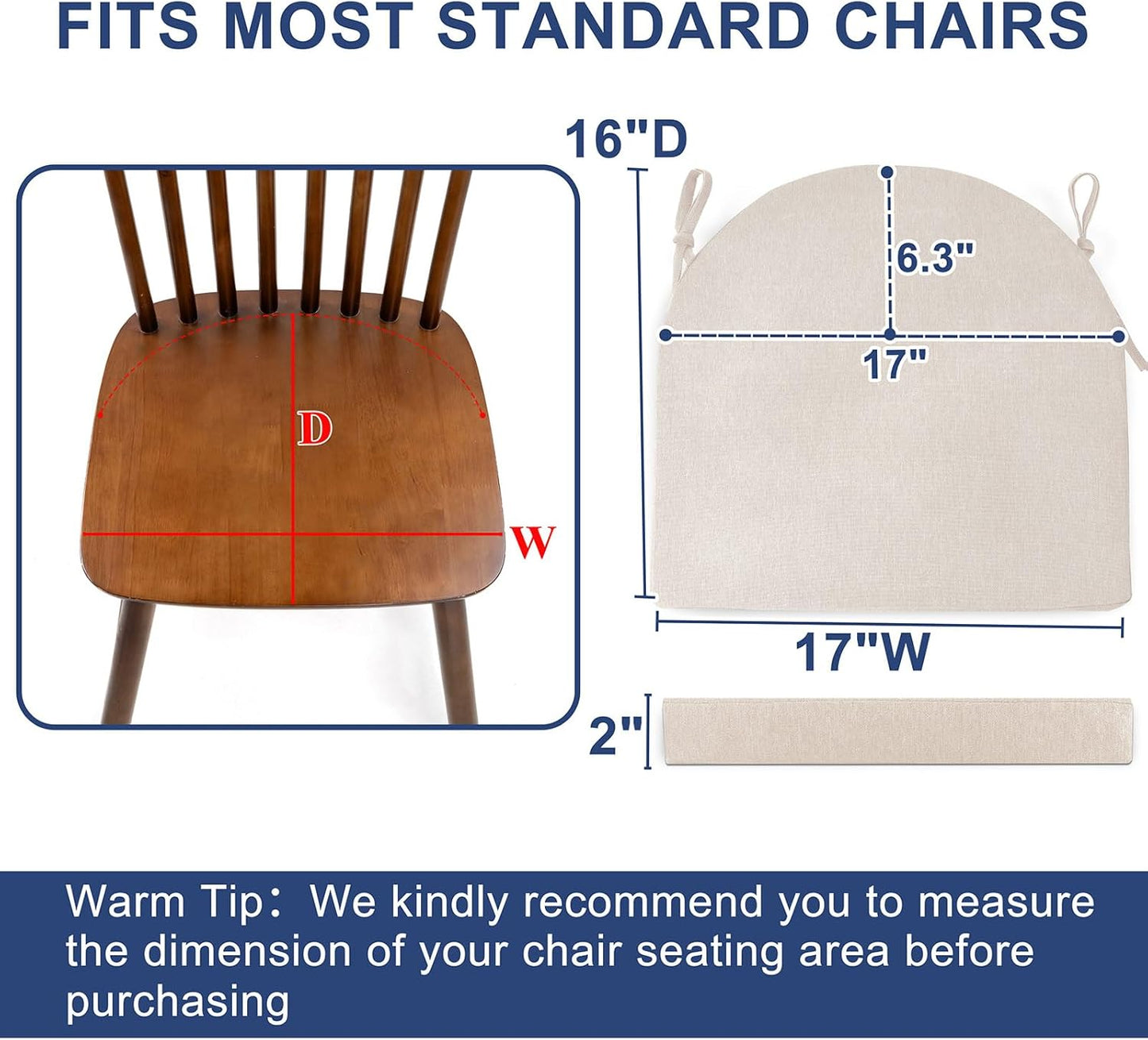 Topotdor Outdoor Chair Cushions Set of 2, Waterproof Patio Chair Cushions for Outdoor Furniture, Round Corner Seat Chair Pads with Ties for Patio Garden Dining Office, 17"x16"x2", Beige