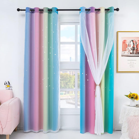 Stiio 2 Panels Girls Stars Rainbow Curtains W52xL84 inches for Bedroom, Kids Blackout Curtains Colorful Ombre Nursery Curtains with Sheer Princess Cutout Curtains for Bedroom Living Room, Yellow Pink