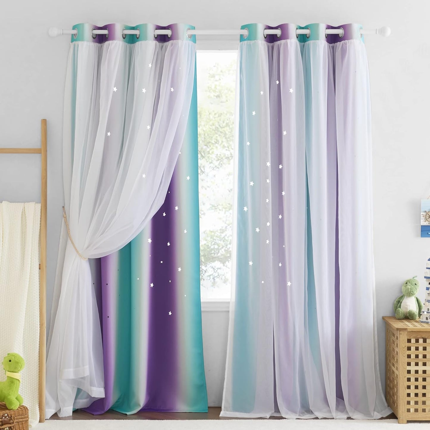 NICETOWN Rainbow Window Curtain Girls Kids Playroom Pastel Colorful Nursery Ombre 84 inches Long Blackout Curtains for Bedroom Living Room, 2 Panels, Grommet Top, 52" W x 84’L， Teal & Purple