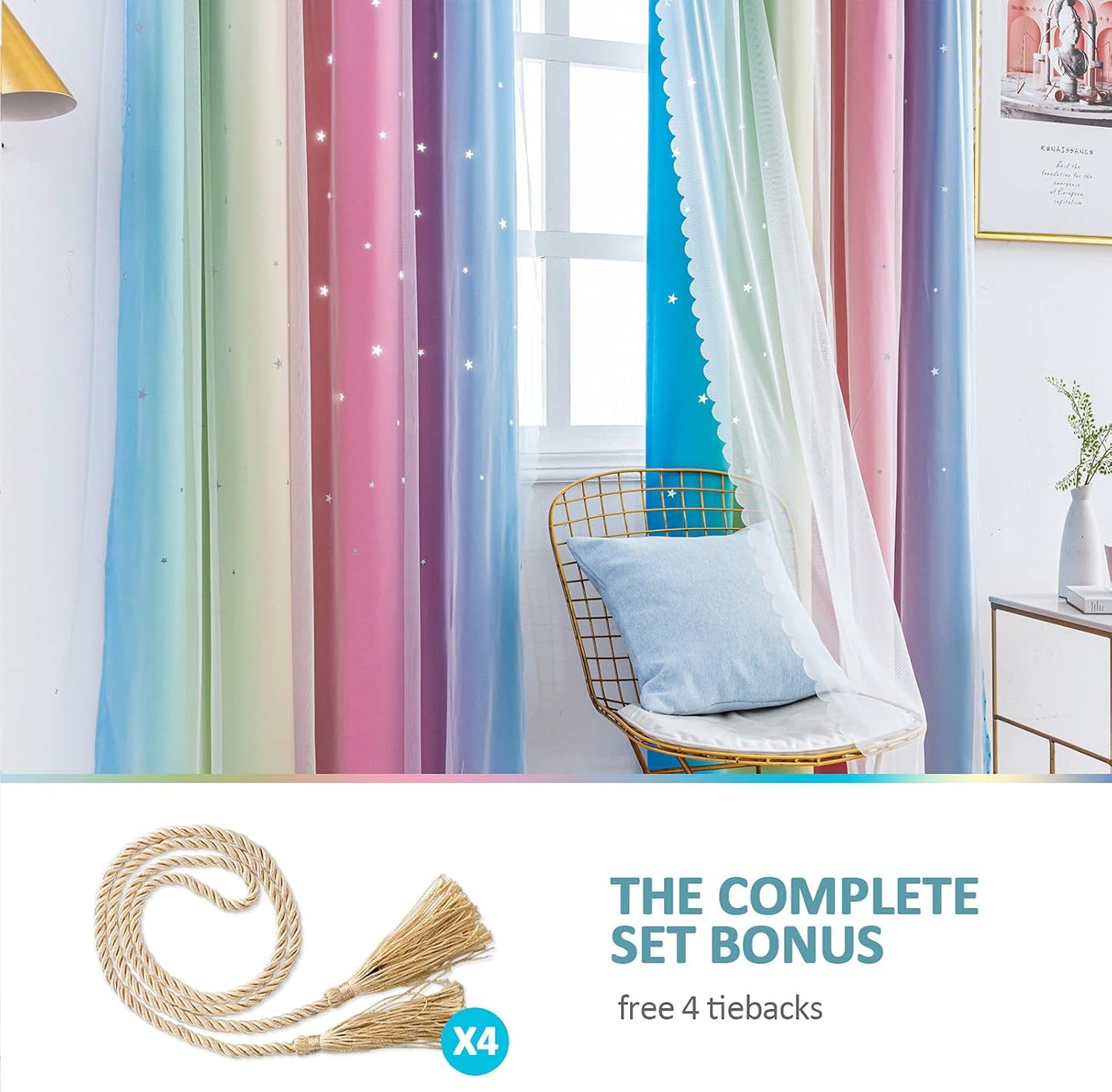 Stiio 2 Panels Girls Stars Rainbow Curtains W52xL84 inches for Bedroom, Kids Blackout Curtains Colorful Ombre Nursery Curtains with Sheer Princess Cutout Curtains for Bedroom Living Room, Yellow Pink