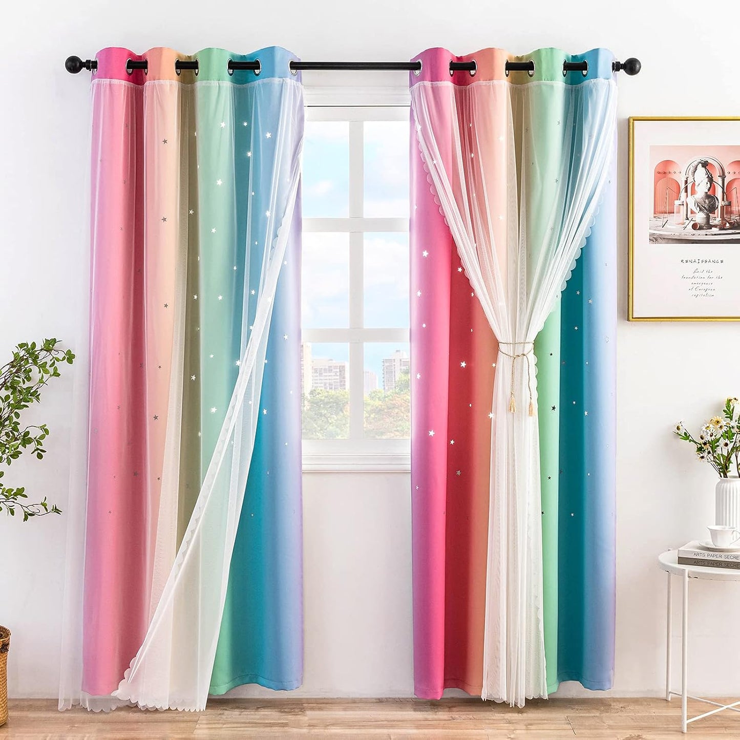 Stiio 2 Panels Girls Stars Rainbow Curtains W52xL84 inches for Bedroom, Kids Blackout Curtains Colorful Ombre Nursery Curtains with Sheer Princess Cutout Curtains for Bedroom Living Room, Yellow Pink