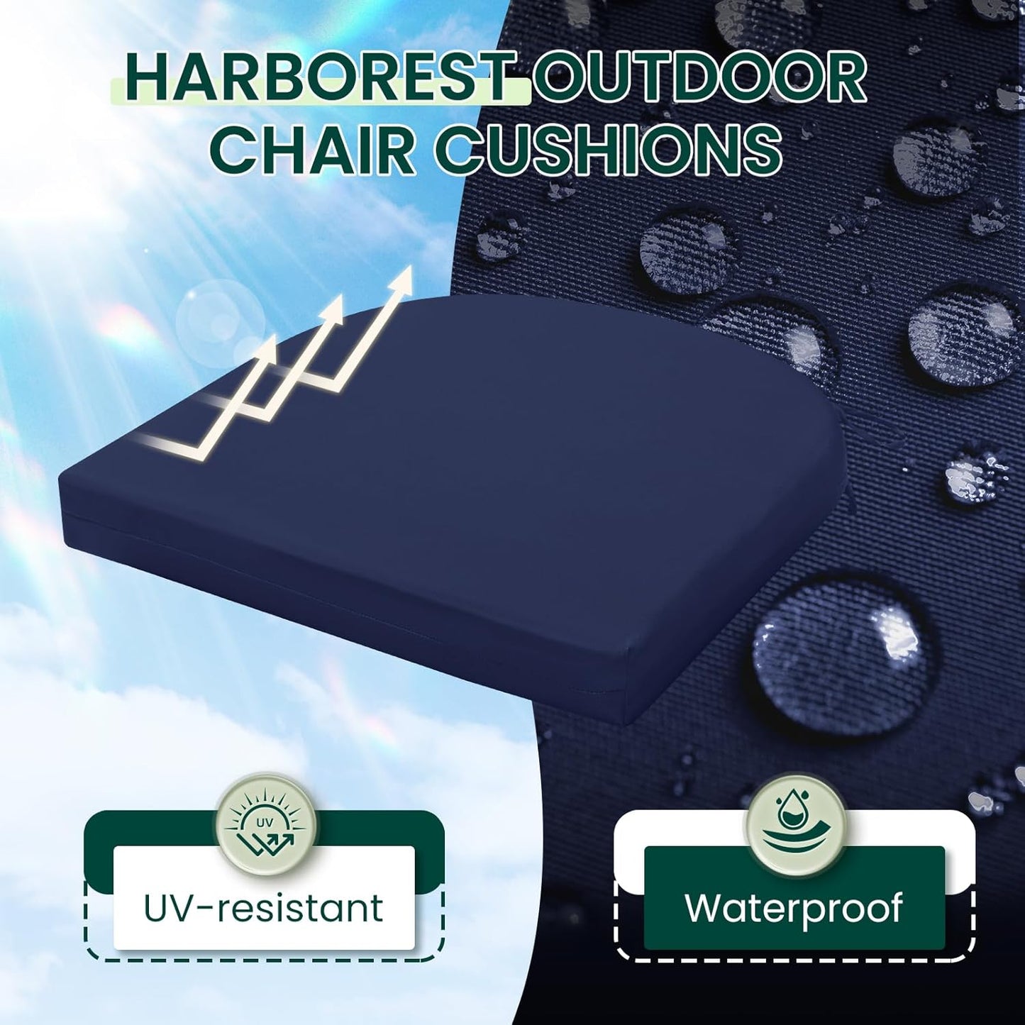 HARBOREST Outdoor Chair Cushions Set of 4, Water Resistant Patio Chair Cushions with Ties, Outdoor Seat Cushions for Patio Furniture, 17"x16"x2", Navy