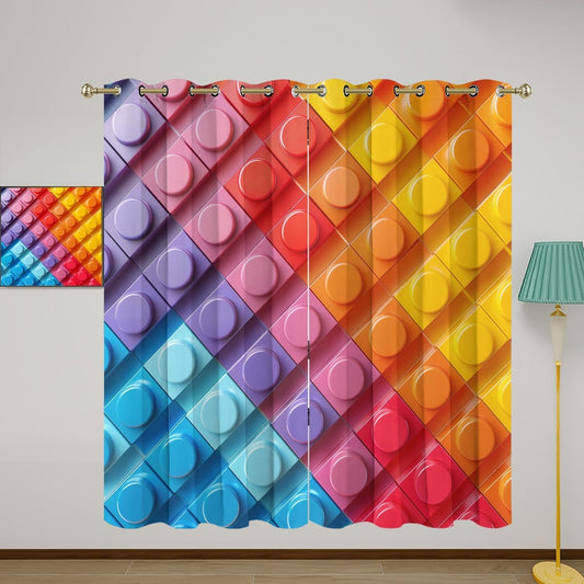 Rainbow Blackout Curtains for Girls Boy Home Decor, Colorful Building Blocks Game Geometric Grommet Thermal Insulated Drapes Darkening Window Curtain for Bedroom Living Room, 84 x 84 Inch