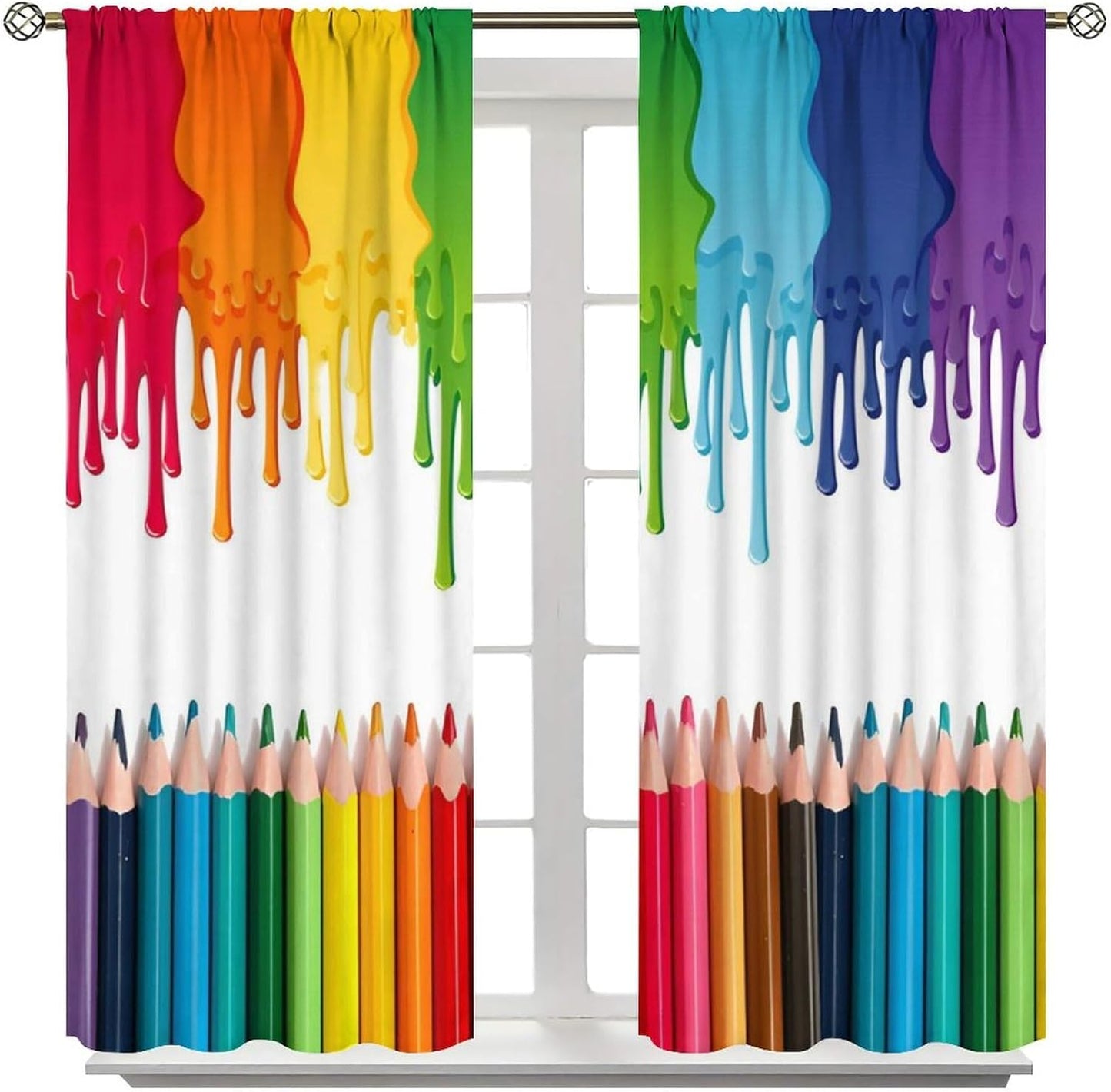 Rainbow Blackout Curtains, Abstract Colored Paint Leaking Splattered Drops Window Treatment Colorful Pancils Pattern Drapes for Bedroom Living Room, 52" W X 84" L