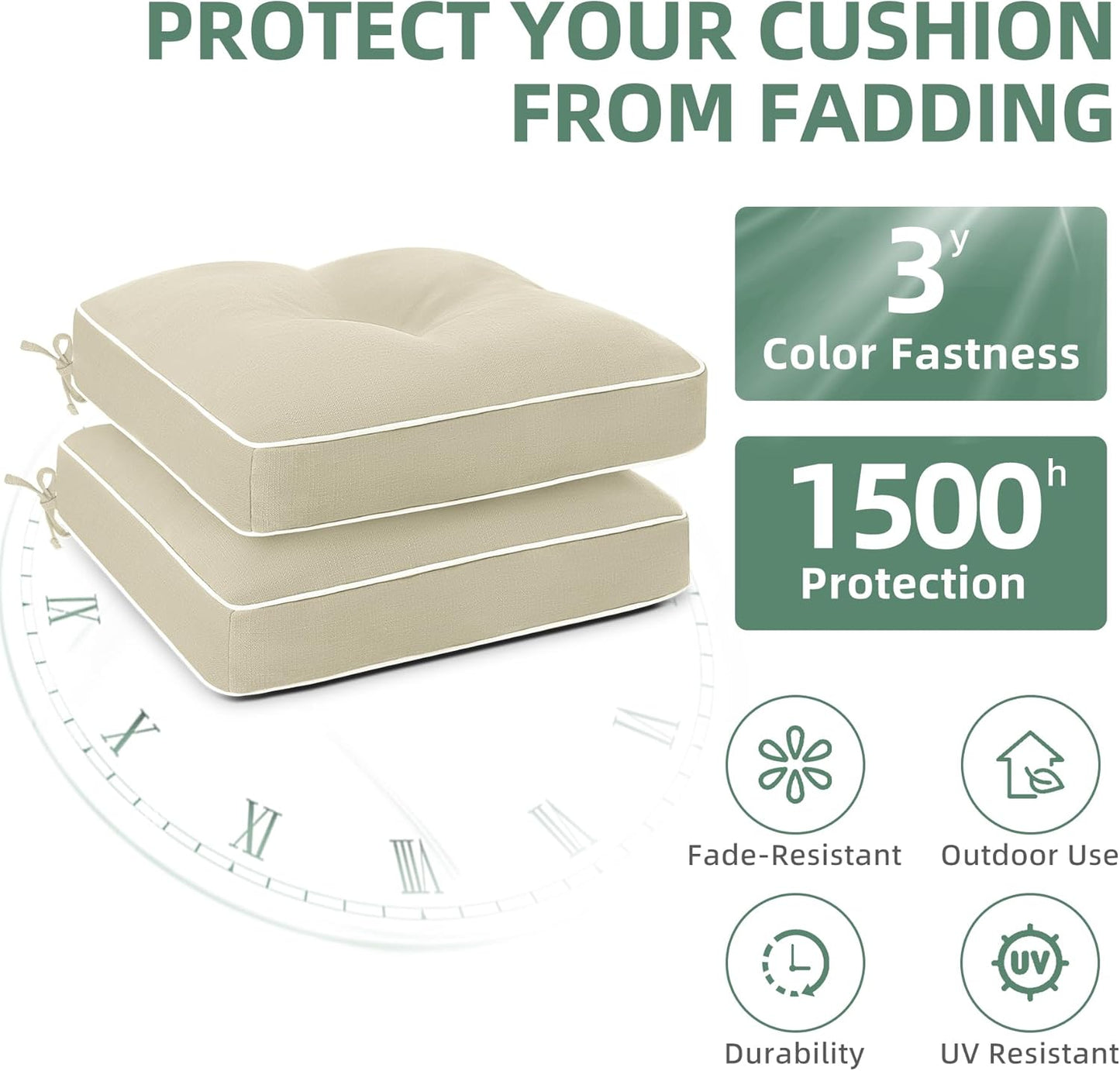 Favoyard Patio Chair Cushions 19 × 19 Inch Water Resistant & 3-Year Color Fastness Outdoor Chairs Cushion for Seat Dining Rocking Wicker Chair Cushion With Tie Straps Tufted Square Pads, Beige, 2 Pack