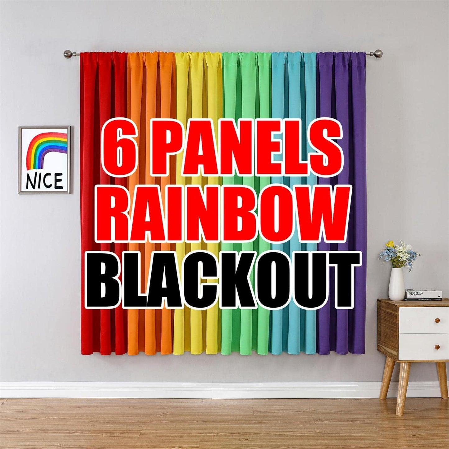 THOOO 6 Panel Rainbow Curtains for Bedroom & Living Room - 95 Inch Long Blackout Curtains with Rod Pocket - Colorful Drapes in Red, Orange, Yellow, Green, Blue, Purple