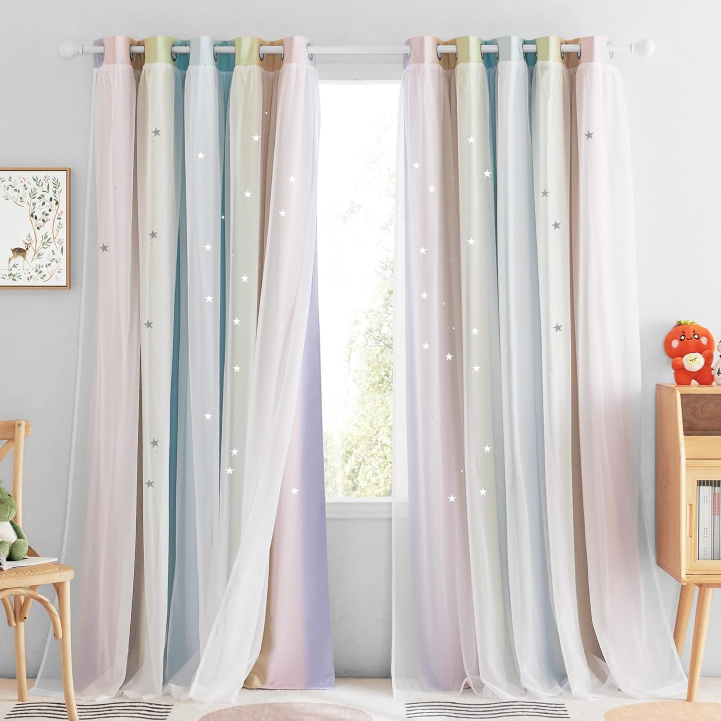 NICETOWN Rainbow Window Curtain Girls Kids Playroom Pastel Colorful Nursery Ombre 84 inches Long Blackout Curtains for Bedroom Living Room, 2 Panels, Grommet Top, 52" W x 84’L， Teal & Purple