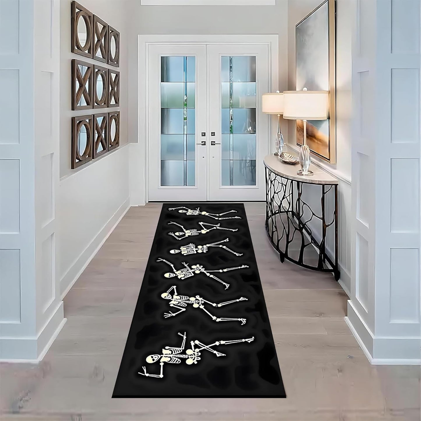 Kitchen Decorative Carpet, 4x12ft Halloween Themed Area Rugs, Black Washable Skull Carpet, Funny Gothic Hallway Non Slip Rug for Living Room Sofa Bedroom Kids Room Horror Floor Mat