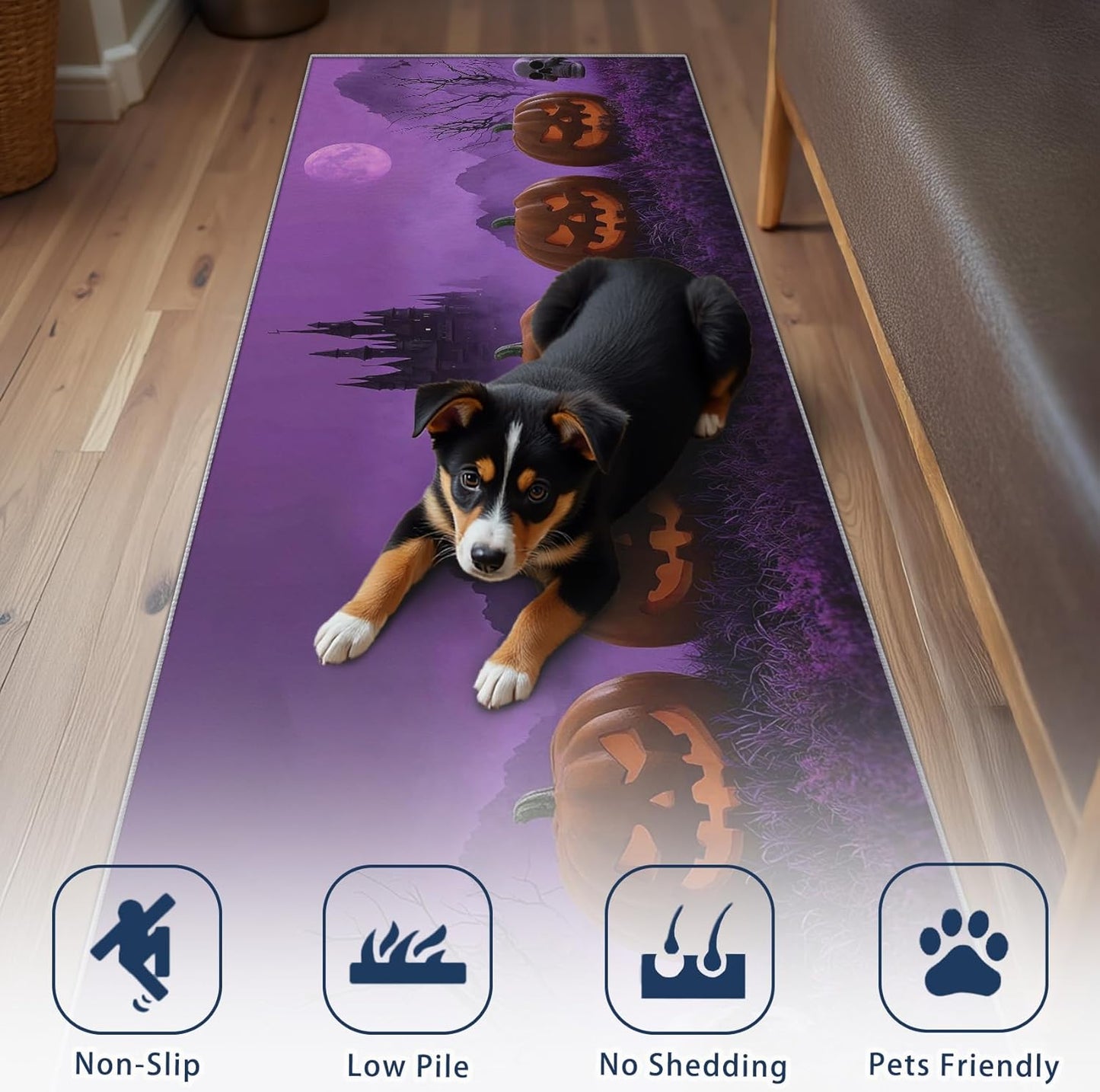 Halloween Rug Runner 4x10 - Washable Non Slip Runner Rug for Hallway - Spooky Pumpkin Castle Kitchen Rugs - Gothic Horror Skull Carpet Runners for Hallway, Laundry Room, Bedroom, Bathroom