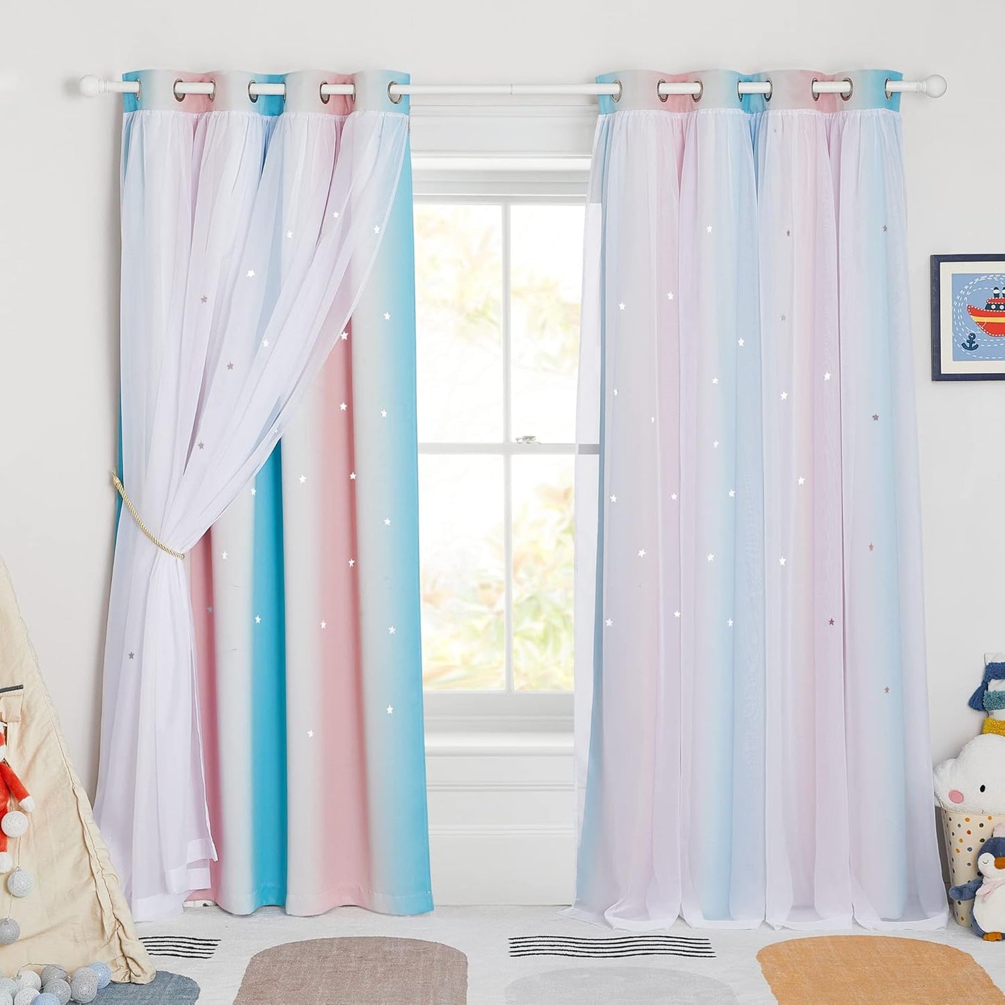 NICETOWN Rainbow Window Curtain Girls Kids Playroom Pastel Colorful Nursery Ombre 84 inches Long Blackout Curtains for Bedroom Living Room, 2 Panels, Grommet Top, 52" W x 84’L， Teal & Purple