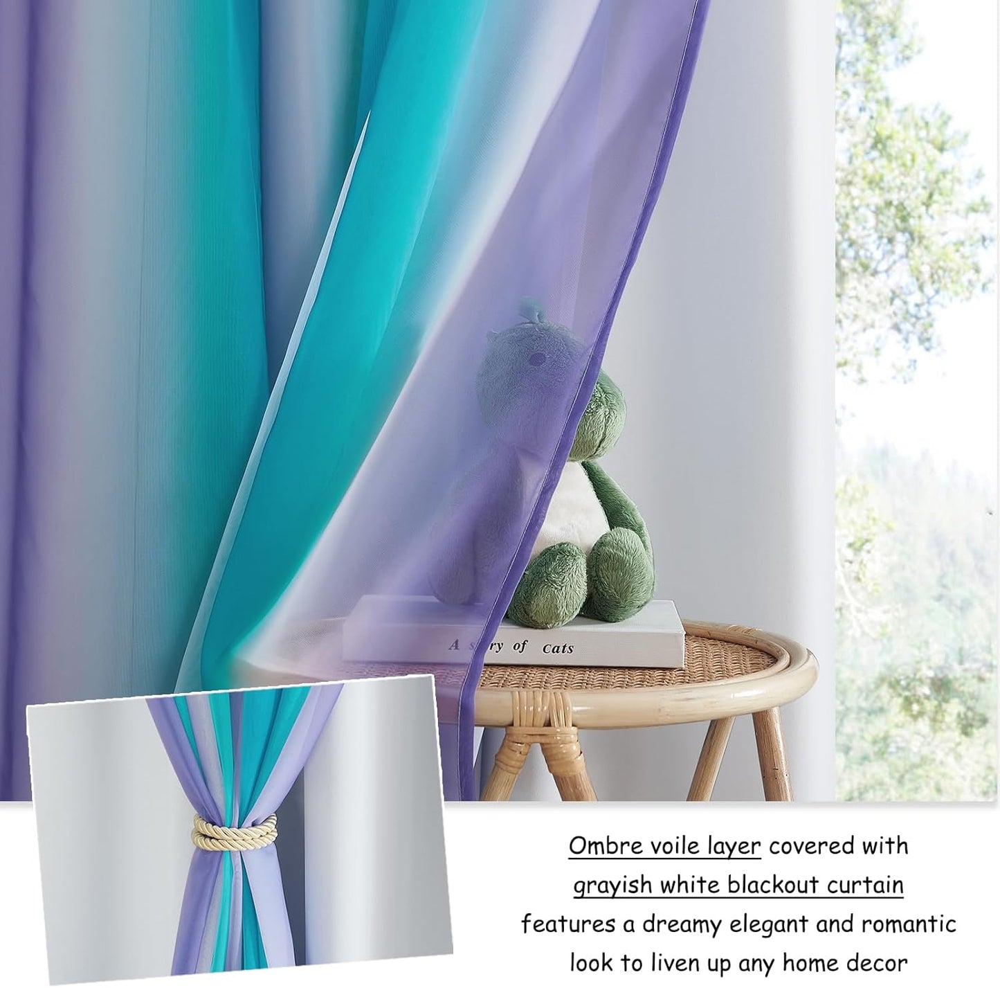 NICETOWN Rainbow Window Curtain Girls Kids Playroom Pastel Colorful Nursery Ombre 84 inches Long Blackout Curtains for Bedroom Living Room, 2 Panels, Grommet Top, 52" W x 84’L， Teal & Purple
