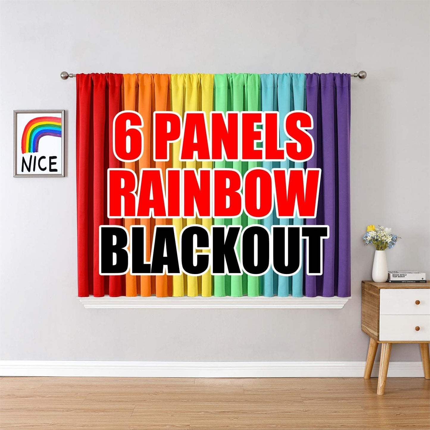 THOOO 6 Panel Rainbow Curtains for Bedroom & Living Room - 95 Inch Long Blackout Curtains with Rod Pocket - Colorful Drapes in Red, Orange, Yellow, Green, Blue, Purple