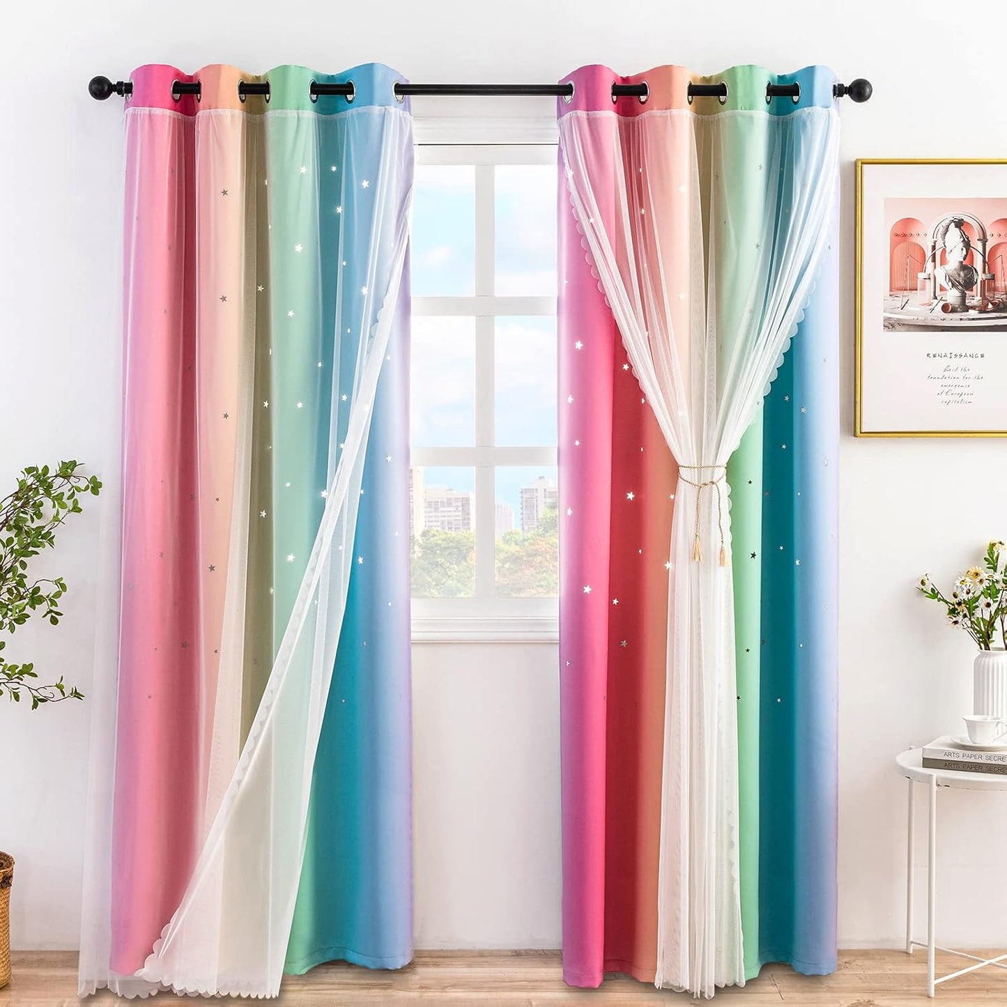 Stiio 2 Panels Girls Stars Rainbow Curtains W52xL84 inches for Bedroom, Kids Blackout Curtains Colorful Ombre Nursery Curtains with Sheer Princess Cutout Curtains for Bedroom Living Room, Yellow Pink