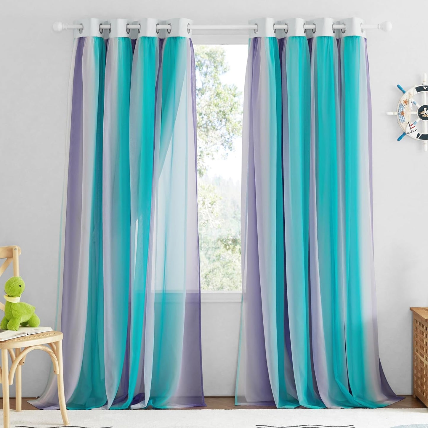 NICETOWN Rainbow Window Curtain Girls Kids Playroom Pastel Colorful Nursery Ombre 84 inches Long Blackout Curtains for Bedroom Living Room, 2 Panels, Grommet Top, 52" W x 84’L， Teal & Purple