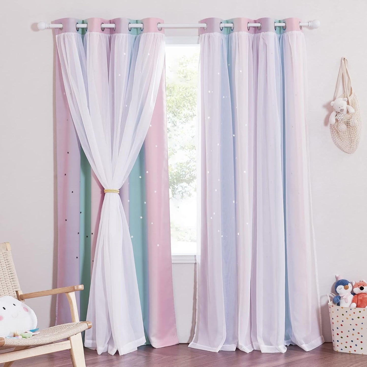 NICETOWN Rainbow Window Curtain Girls Kids Playroom Pastel Colorful Nursery Ombre 84 inches Long Blackout Curtains for Bedroom Living Room, 2 Panels, Grommet Top, 52" W x 84’L， Teal & Purple