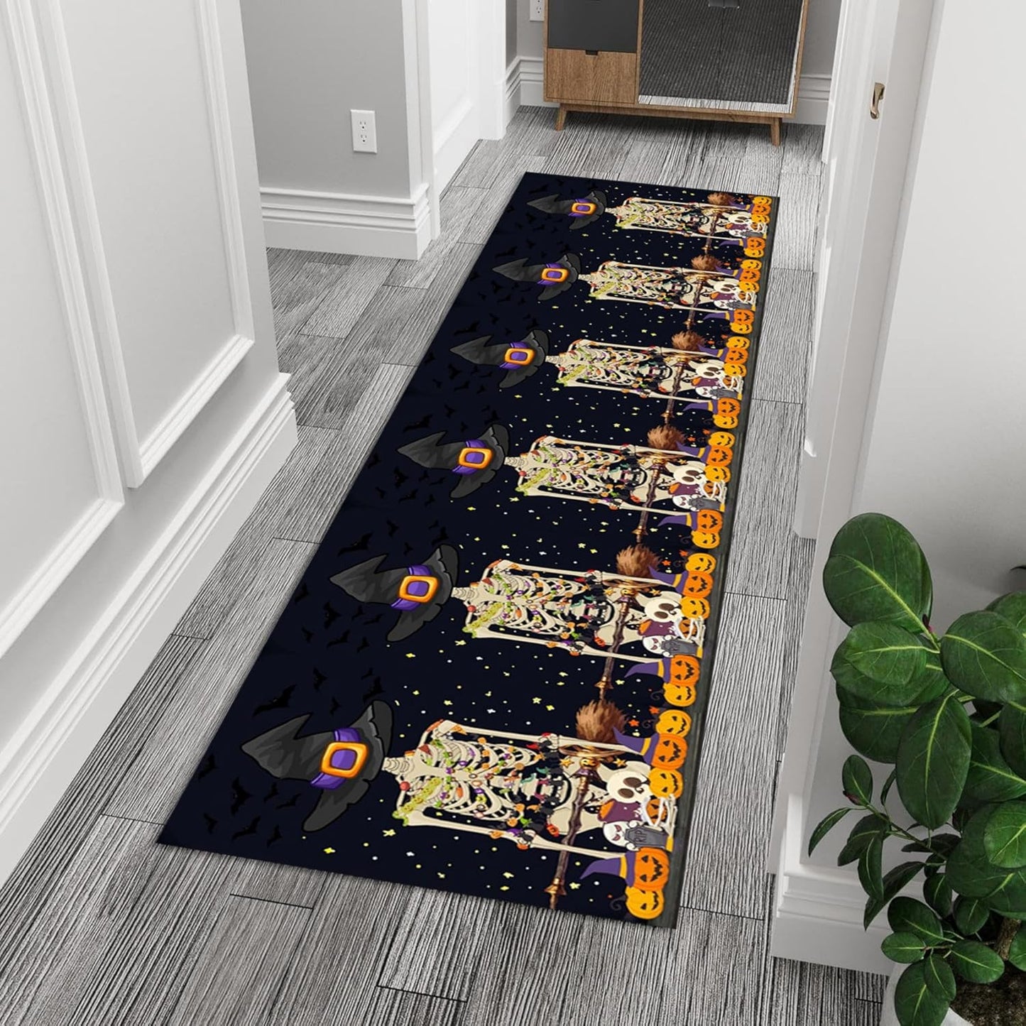 Fouiunle Gothic Skull Runner Rug 4x12ft Non-Slip Beige Skeleton Horror Rug Pumpkin Head Design Kitchen Rug Washable Rubber Backed Rugs Halloween Themed Floor Carpet for Entryway Runner Rug