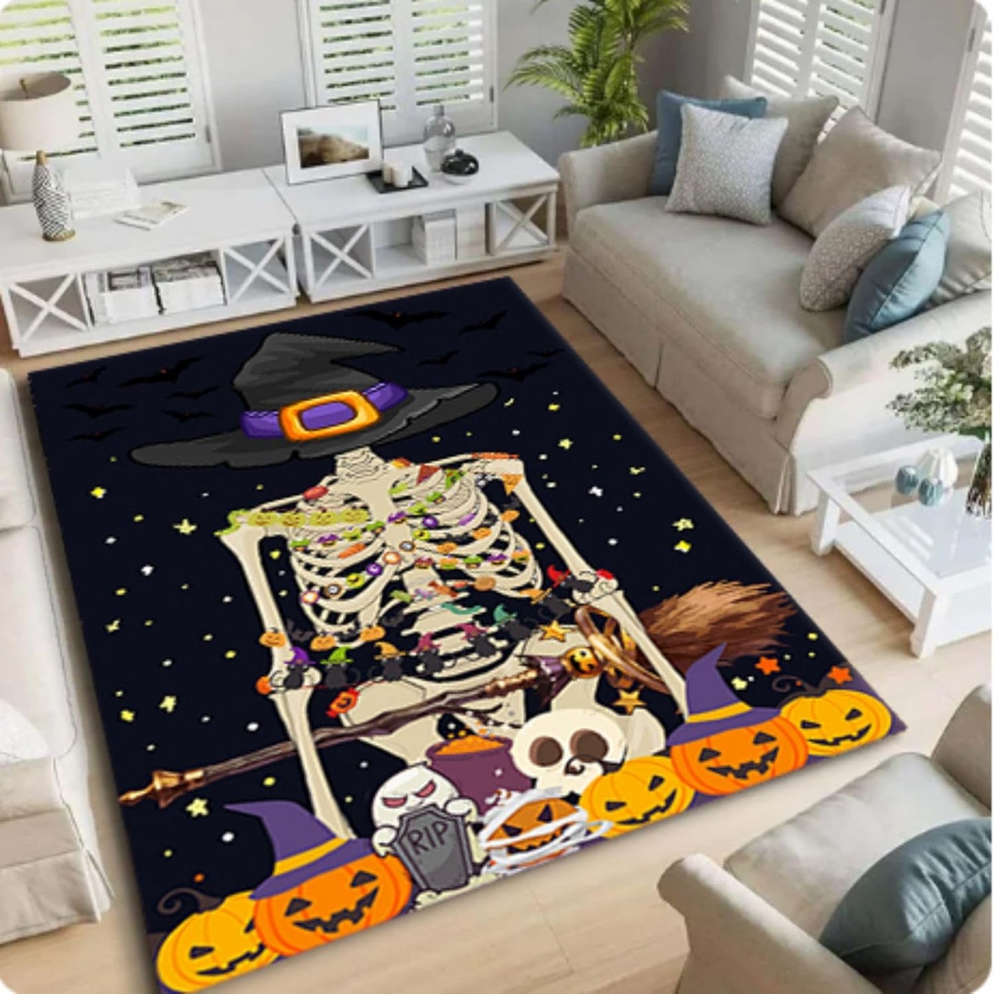 Gothic Skull Area Rug 5x8ft Non-Slip Beige Skeleton Horror Rug Orange Pumpkin Head Unique Rugs Washable Rubber Backed Rugs Halloween Themed Floor Carpet for Living Room Bedroom