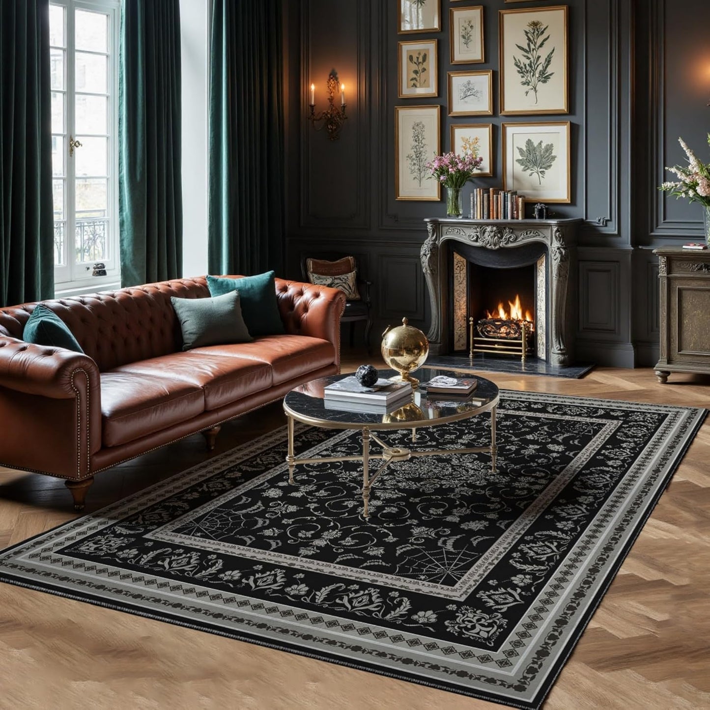 Gothic Spider & Fangs Area Rug 8x10 - Black Luxury Carpet with Intricate Web and Skull Designs, Soft Machine Washable Non-Slip Rug for Dark Academia, Vampire Themed Bedroom, Living Room.