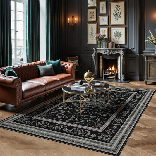 Gothic Spider & Fangs Area Rug 8x10 - Black Luxury Carpet with Intricate Web and Skull Designs, Soft Machine Washable Non-Slip Rug for Dark Academia, Vampire Themed Bedroom, Living Room.