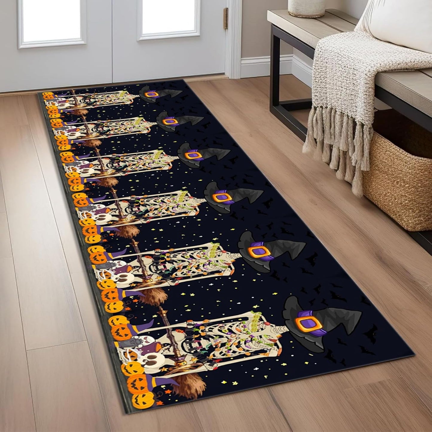Fouiunle Gothic Skull Runner Rug 4x12ft Non-Slip Beige Skeleton Horror Rug Pumpkin Head Design Kitchen Rug Washable Rubber Backed Rugs Halloween Themed Floor Carpet for Entryway Runner Rug