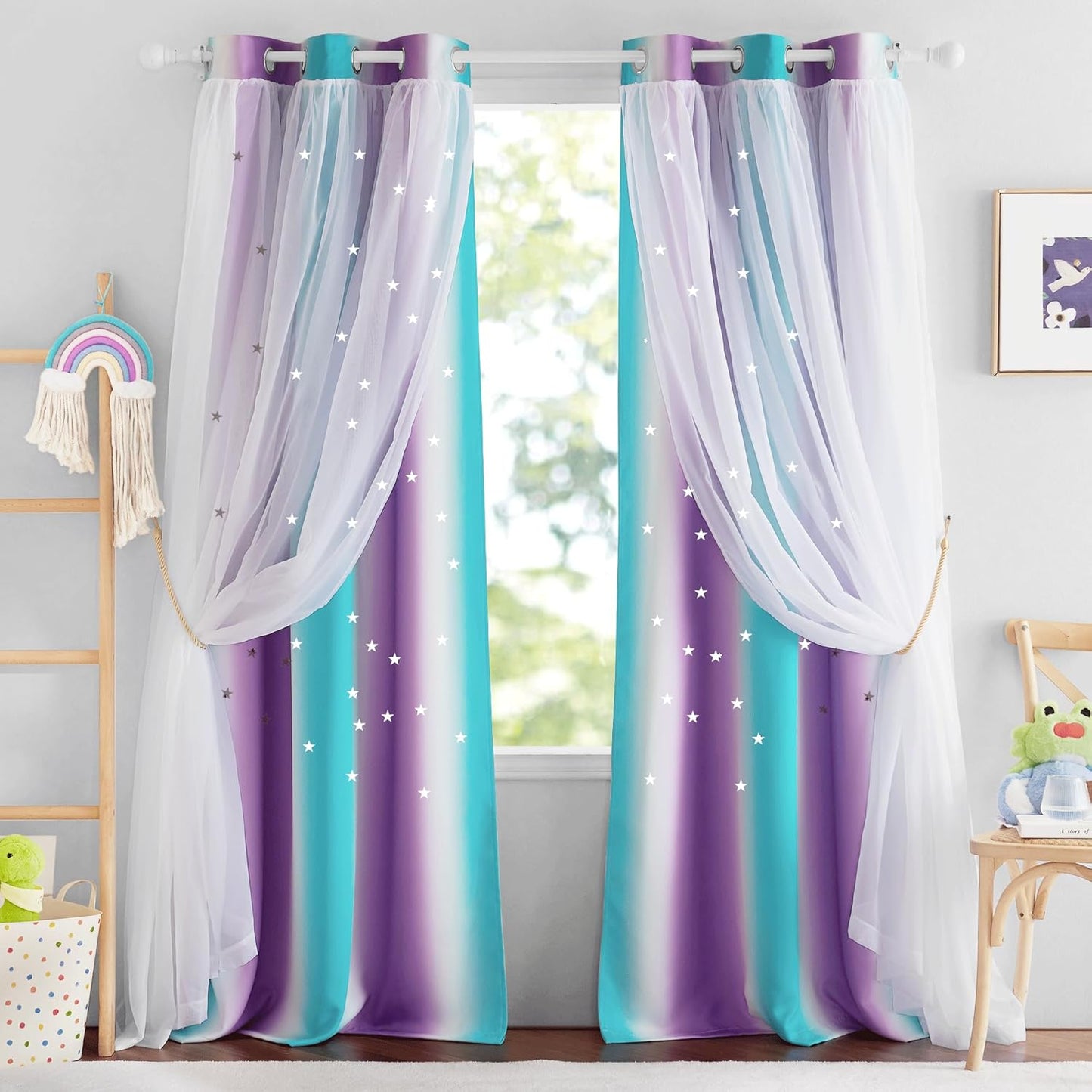 NICETOWN Rainbow Window Curtain Girls Kids Playroom Pastel Colorful Nursery Ombre 84 inches Long Blackout Curtains for Bedroom Living Room, 2 Panels, Grommet Top, 52" W x 84’L， Teal & Purple