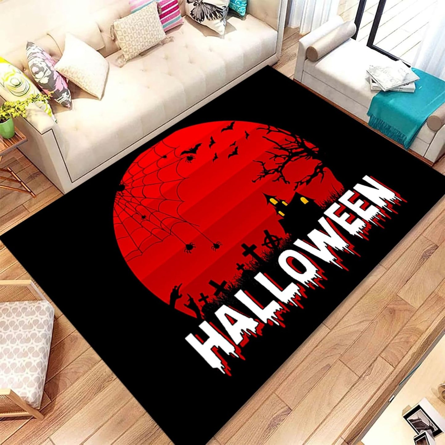 Gothic Skull Area Rug 5x8ft Non-Slip Beige Skeleton Horror Rug Orange Pumpkin Head Unique Rugs Washable Rubber Backed Rugs Halloween Themed Floor Carpet for Living Room Bedroom
