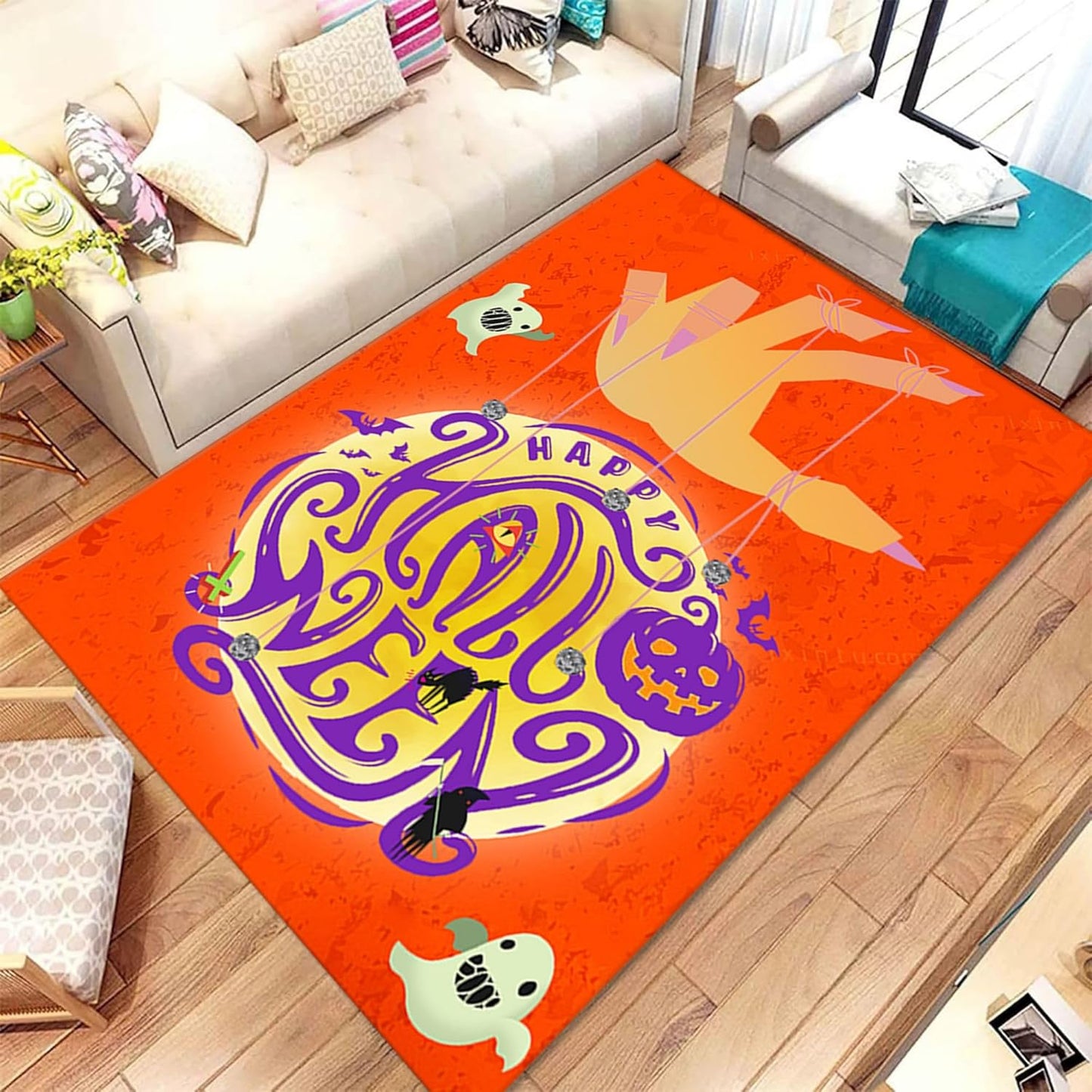 Gothic Skull Area Rug 5x8ft Non-Slip Beige Skeleton Horror Rug Orange Pumpkin Head Unique Rugs Washable Rubber Backed Rugs Halloween Themed Floor Carpet for Living Room Bedroom