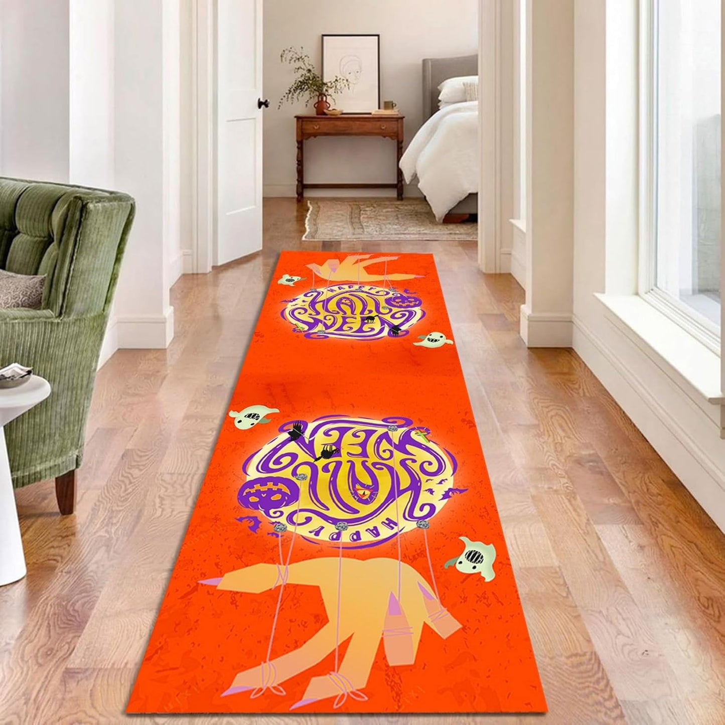 Fouiunle Gothic Skull Runner Rug 4x12ft Non-Slip Beige Skeleton Horror Rug Pumpkin Head Design Kitchen Rug Washable Rubber Backed Rugs Halloween Themed Floor Carpet for Entryway Runner Rug