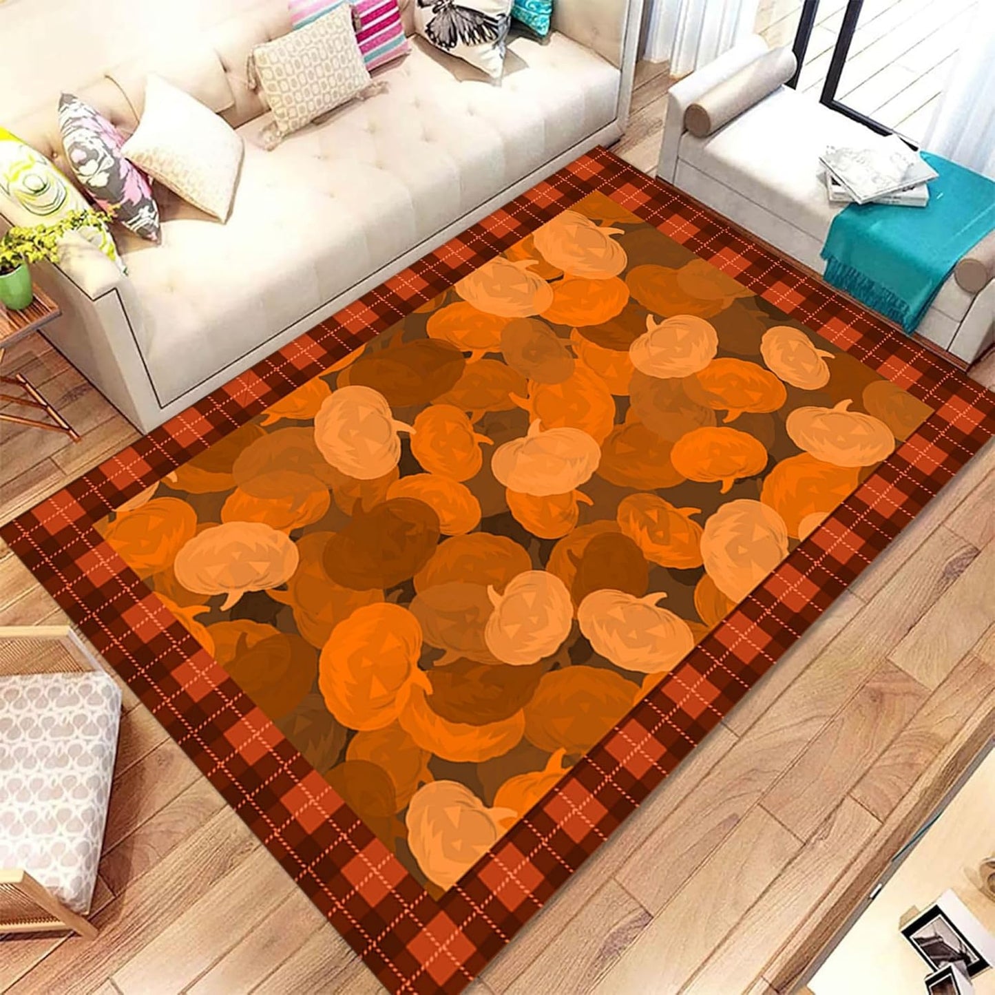 Gothic Skull Area Rug 5x8ft Non-Slip Beige Skeleton Horror Rug Orange Pumpkin Head Unique Rugs Washable Rubber Backed Rugs Halloween Themed Floor Carpet for Living Room Bedroom