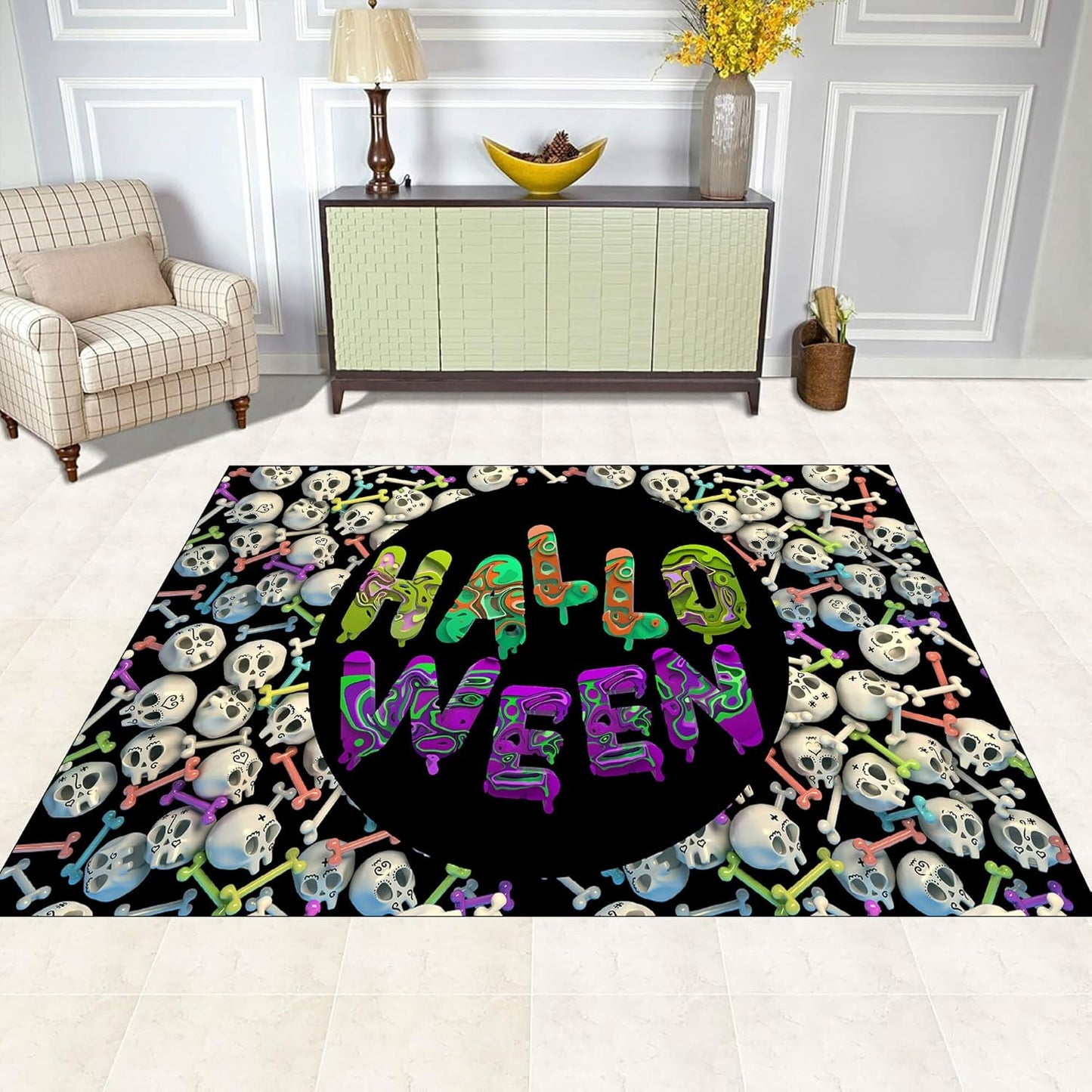 Halloween Themed Kitchen Rugs, 5x8ft Cartoon Skeleton Skull Cute Carpet,Machine Washable Non-Slip Mats,Halloween Party Decor Carpet,for Kitchen Dining Living Room Rectangle Area Rug