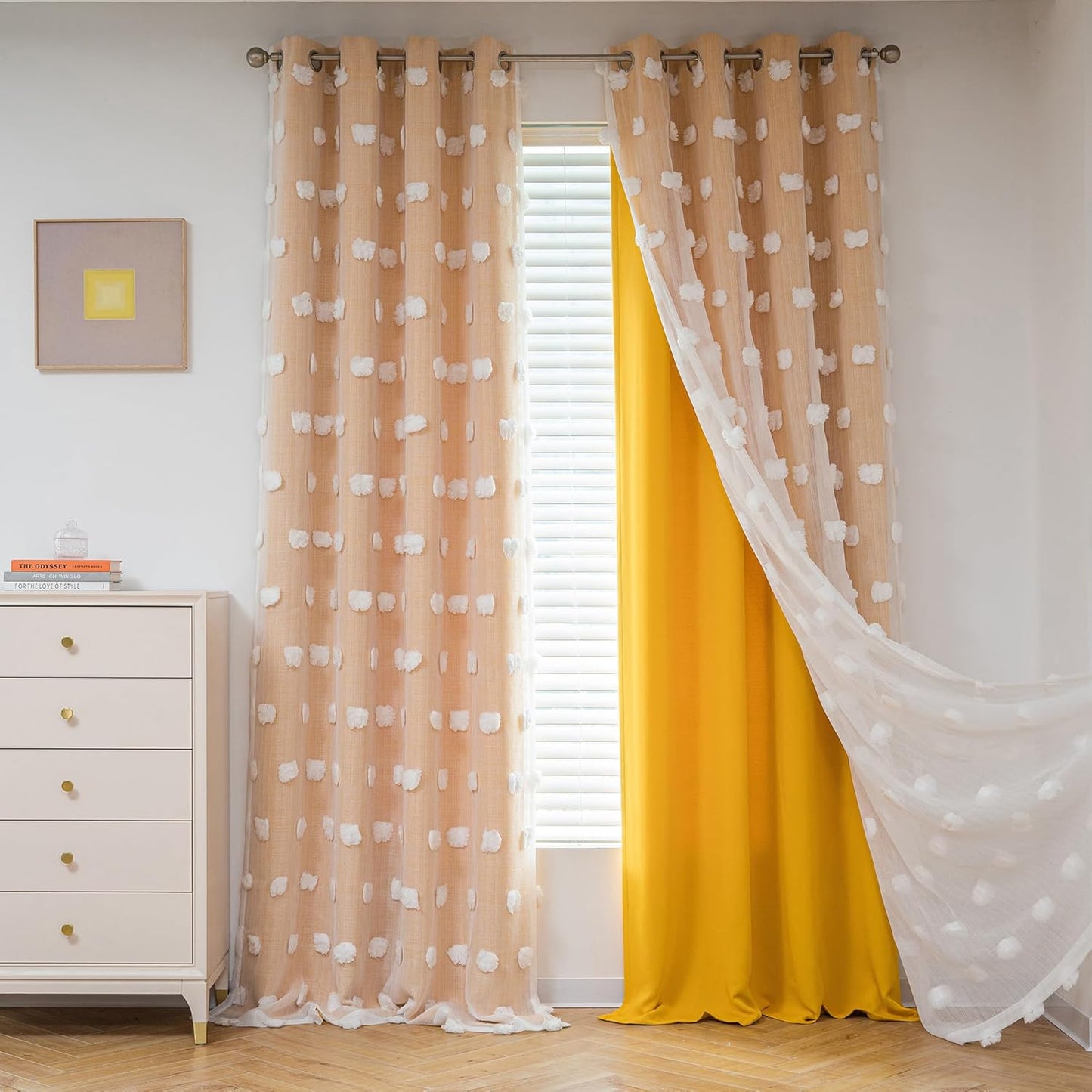 MYSKY HOME Rainbow Curtains for Bedroom 90 Inches Long Living Room Curtains Pom Pom Sheer Curtains for Dining Room Grommet Double Layer Nursery Curtains Toddler Room Darkening Window Panels 52" x 90"