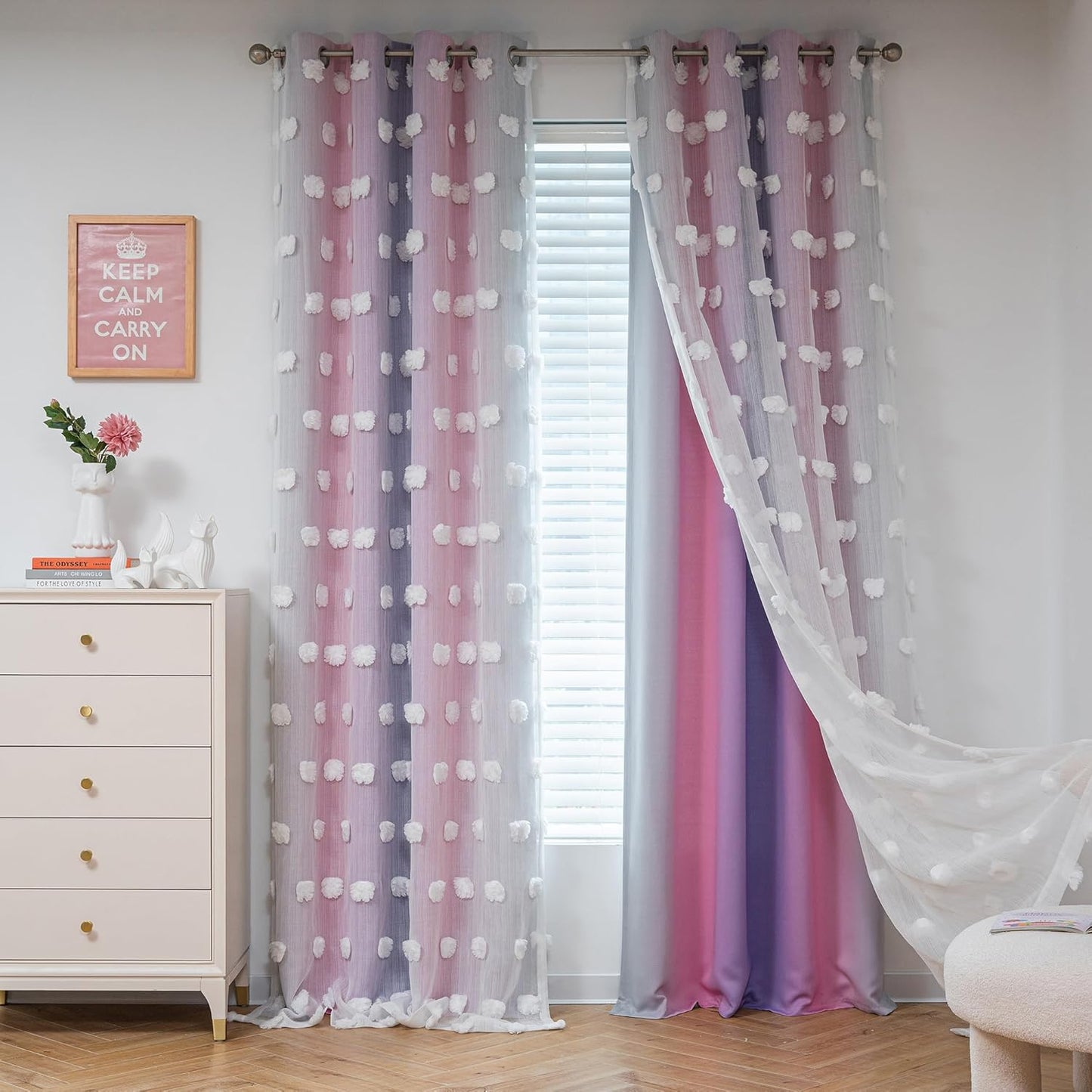 MYSKY HOME Rainbow Curtains for Bedroom 90 Inches Long Living Room Curtains Pom Pom Sheer Curtains for Dining Room Grommet Double Layer Nursery Curtains Toddler Room Darkening Window Panels 52" x 90"